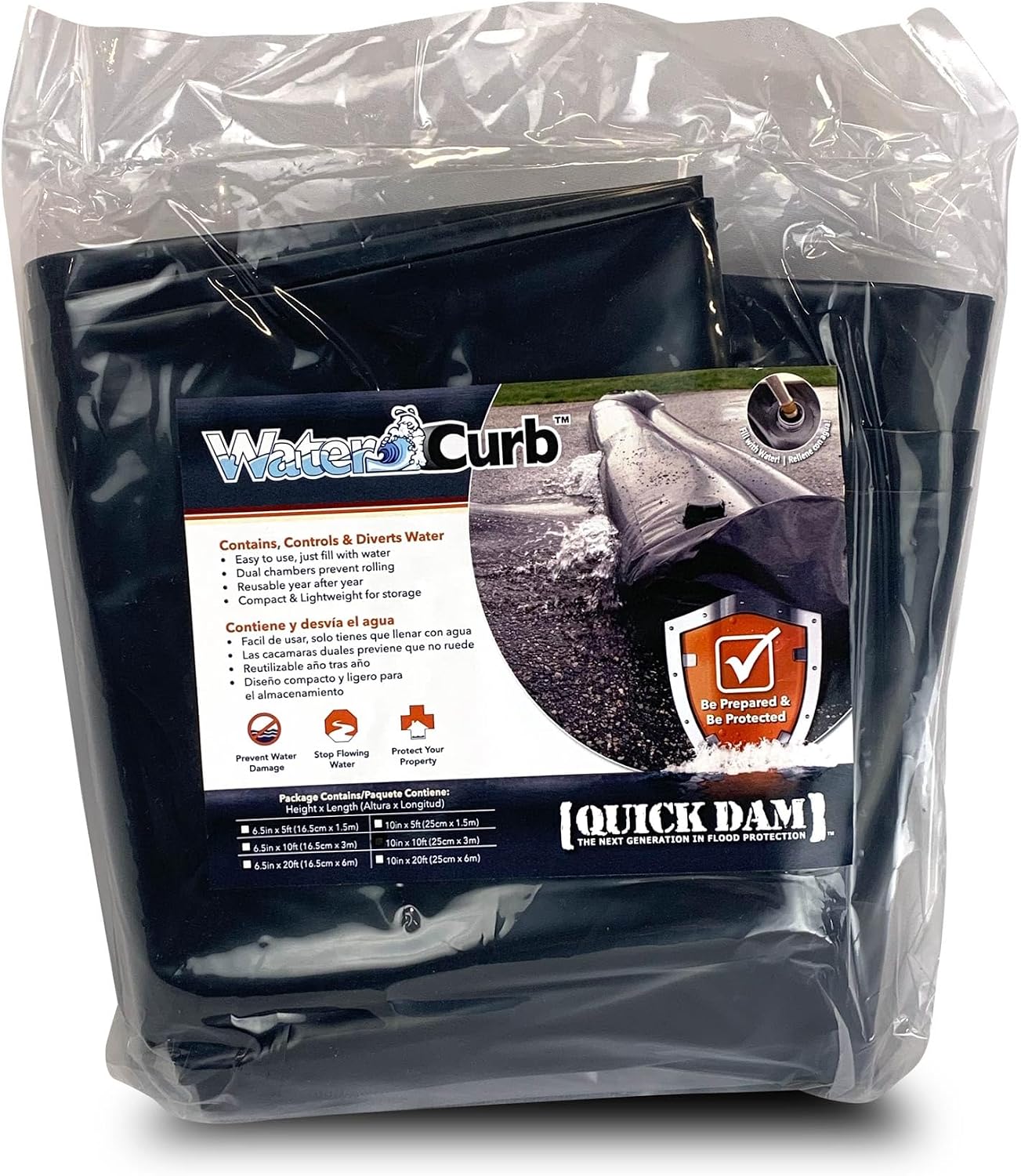 Quick Dam Water Curb – Reusable Water-Filled Flood Barrier for Containing & Diverting Water – Dual-Chamber Design, Compact Storage – 10in x 10ft Length