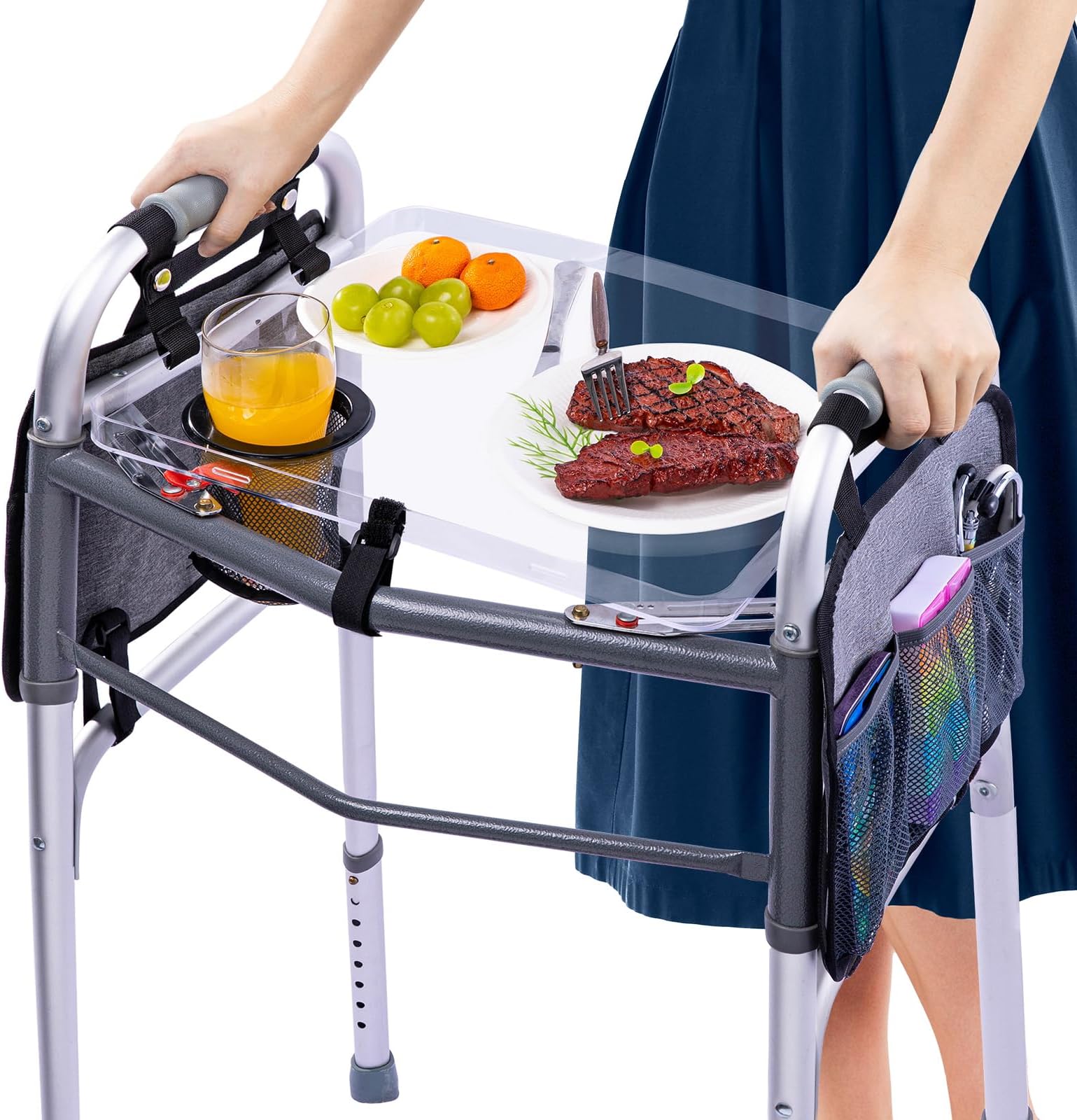 Clear View Walker Tray with Cup Holder & Side Pockets, Transparent Folding Walker Table for Seniors, 8.8lbs Load-Bearing Sturdy PP Tray, Universal Fit Walker Accessory for Elderly