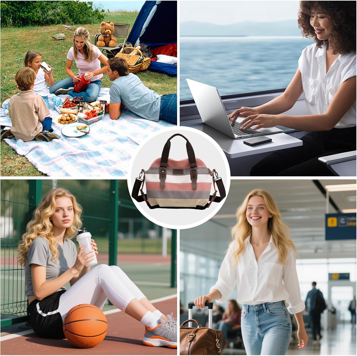 Canvas Messenger Bag, Multicolor Striped Pattern, Shoulder Crossbody Purse with Multiple Pockets, 14x8.7x6 Inches - Image 7