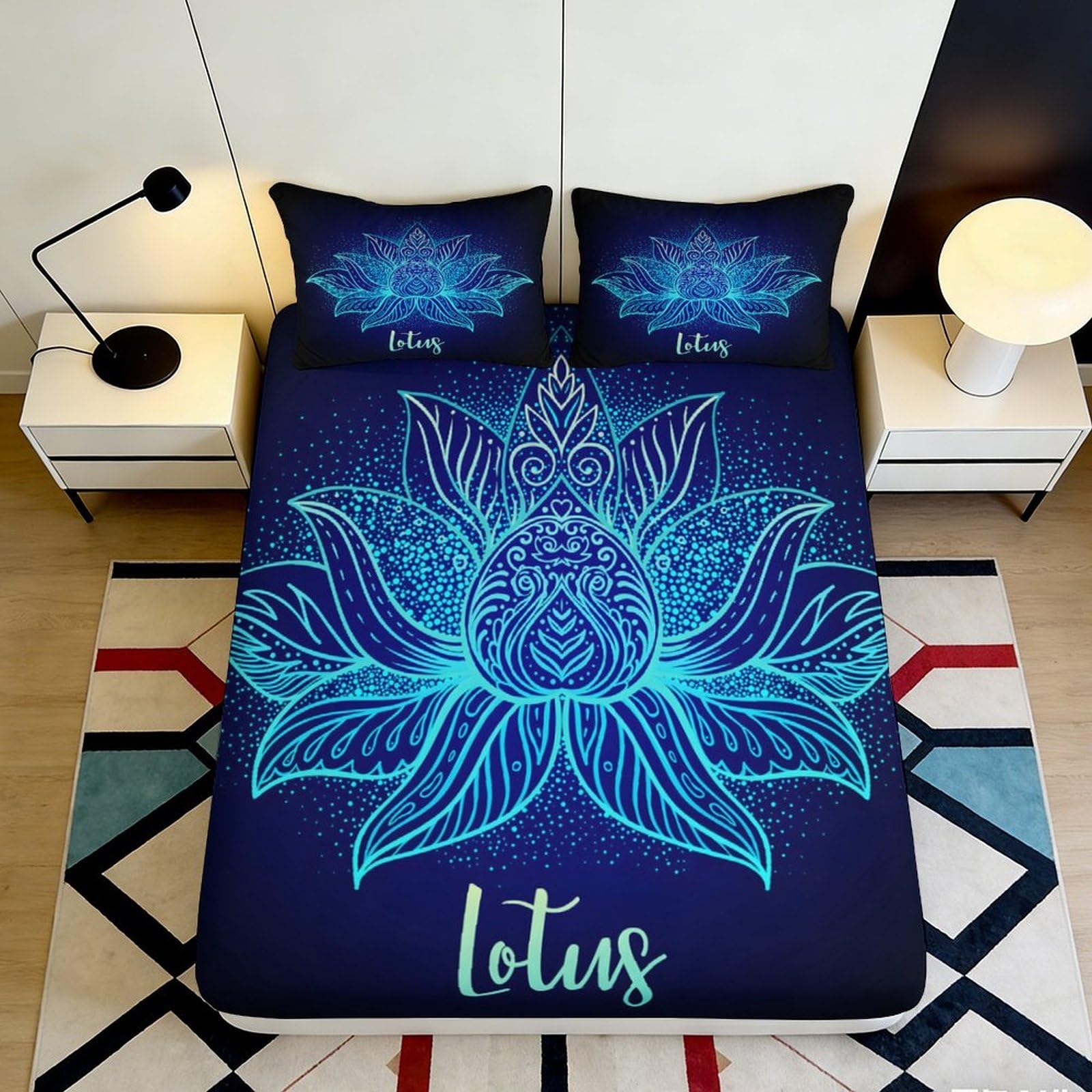 Pnayamiorkfel Style-3 3D Printed Blue Lotus Fitted Sheet Microfiber Deep Navy Artistic Bed Cover For Bedroom Dorm Mattress Decor 90X200x25cm