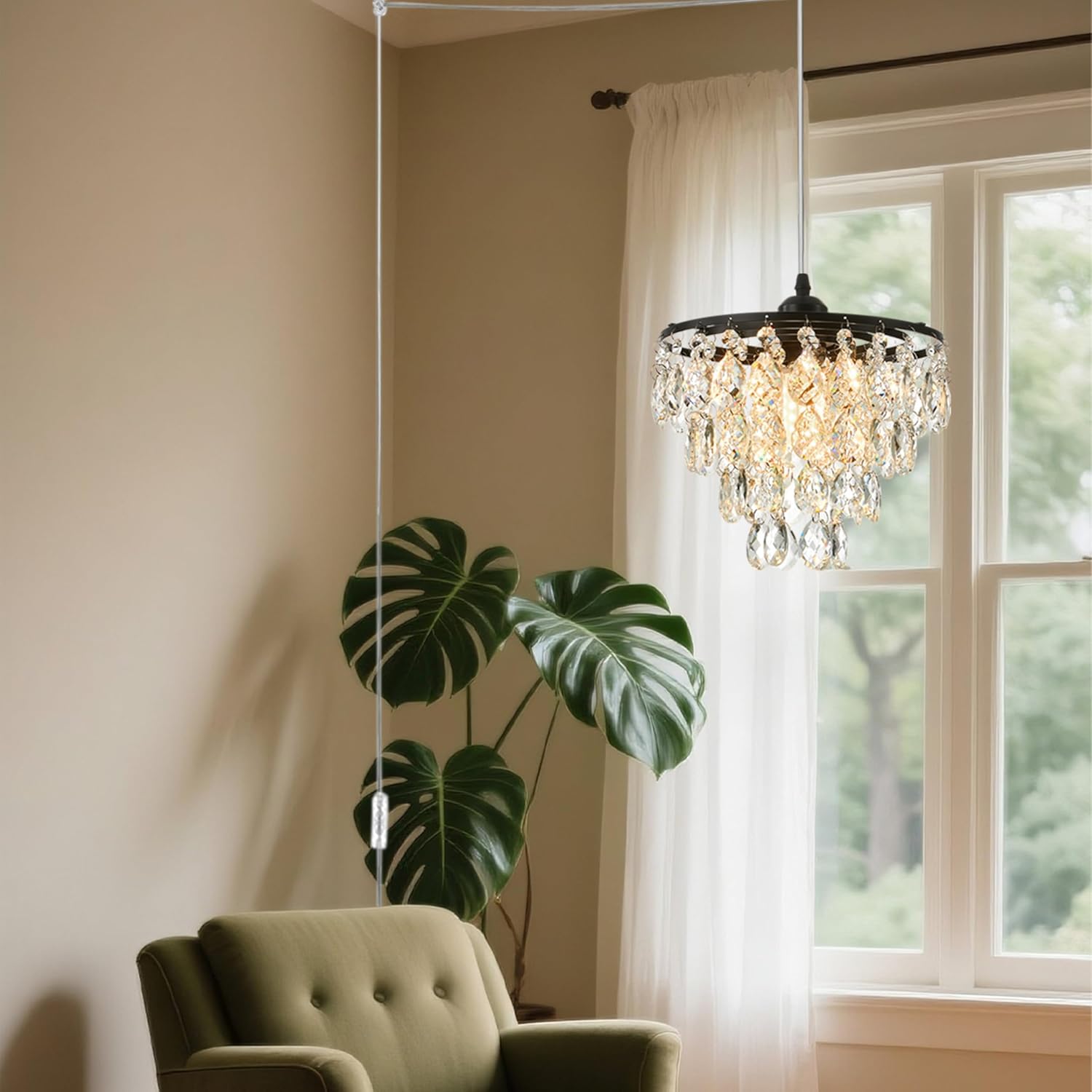 Mini Crystal Chandelier Modern Crysal Flush Mount Ceiling Light for Bedroom Closet Hallway with E26 Base Small Pendant Light (Black-Plug in Pendant)