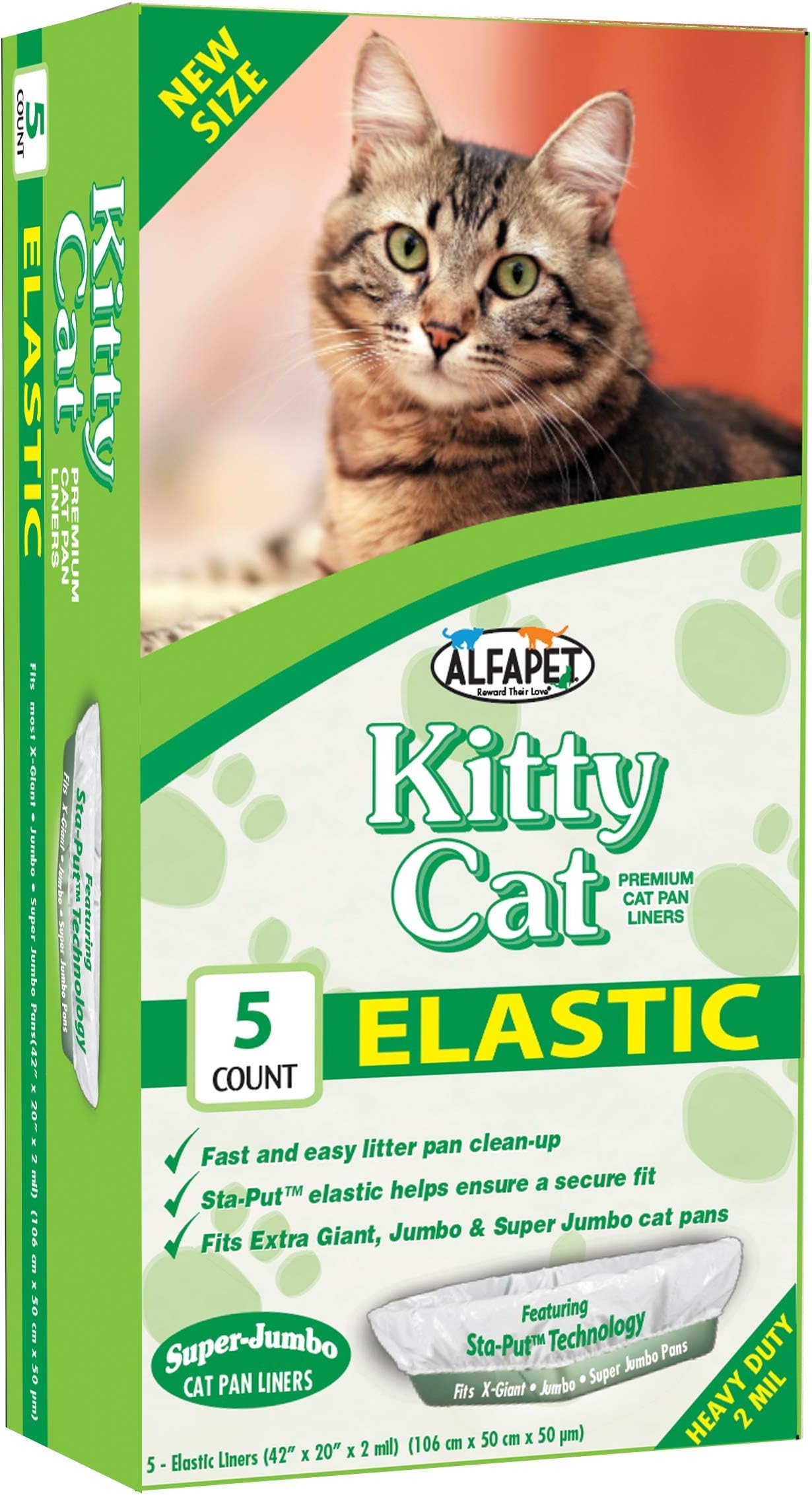 Alfapet Elastic Cat Litter Box Liners - Super Jumbo 5 Count - Tear-Resistant Cat Litter Bags, Waterproof Kitty Litter Liners - Fits Litterbox Pan Sizes X-Giant, Jumbo, 42" x 20" x 2 MIL 30 lb Capacity