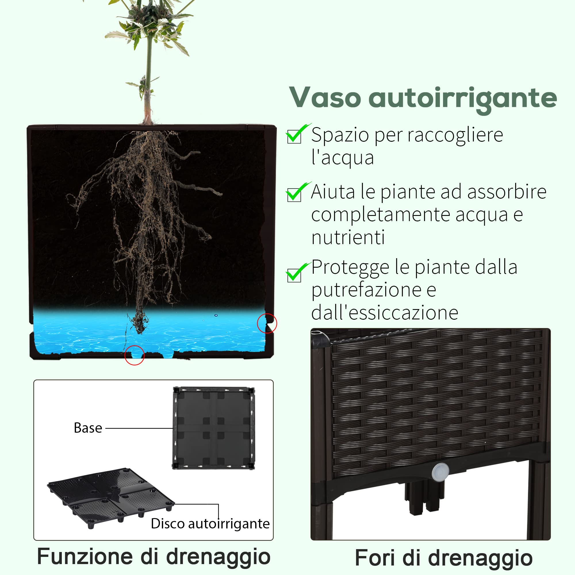Outsunny Set 4 Pezzi Fioriere da Esterno Autoirriganti Rialzate Letto da Giardino Rialzato per Fiori Effetto Rattan in PP, Marrone