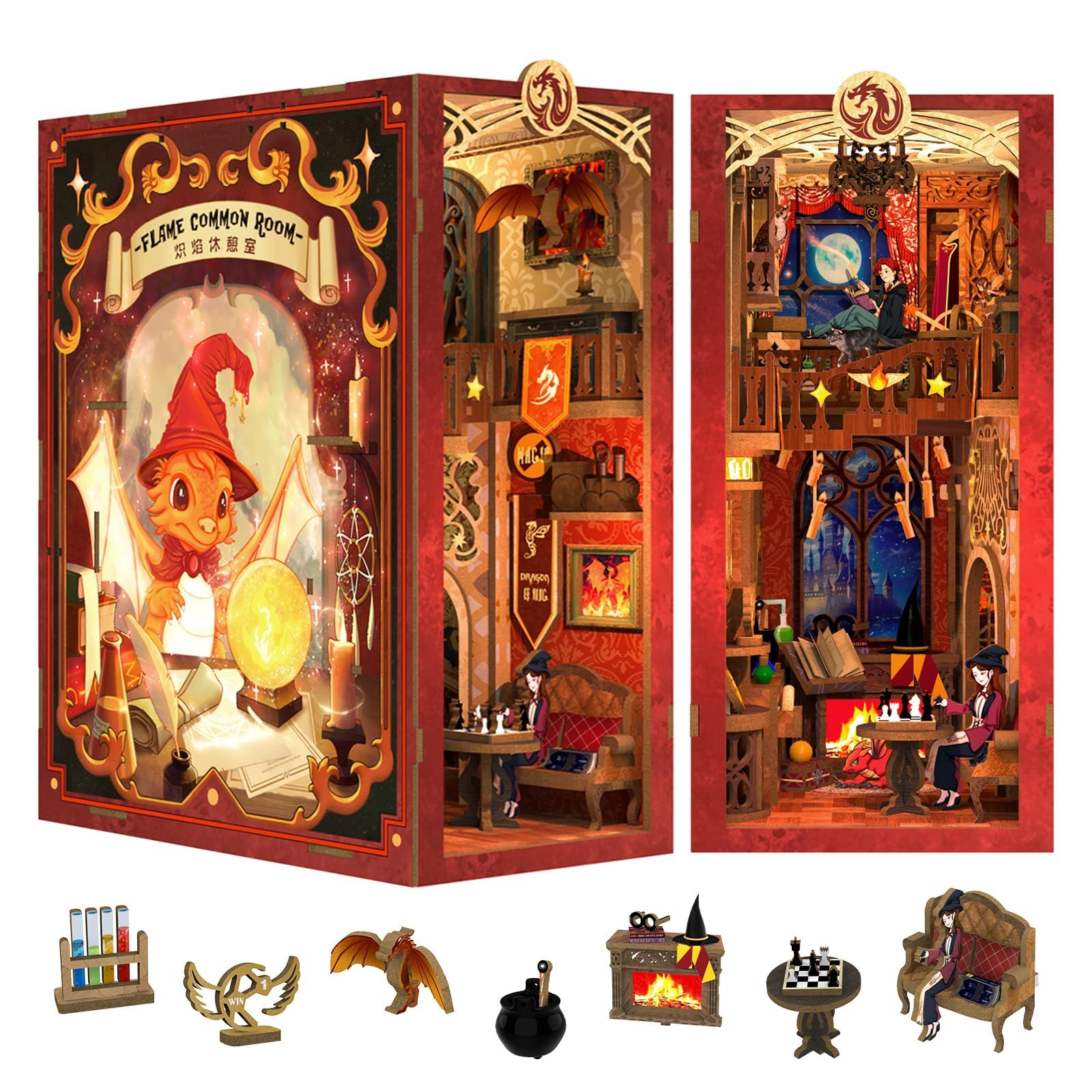 Cutefun Book Nook Kit,3D Wooden Puzzle Bookends,Miniature house kit with dust cover,Bookends Kit with LED Lights,DIY Dollhouse Bookend Tiny House for Adults,Birthday Easter Home Decor for Teens Adults