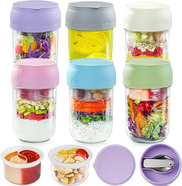 Overnight Oats Containers with Lids, 6-Pack Glass Mason Jars 16 oz with ...