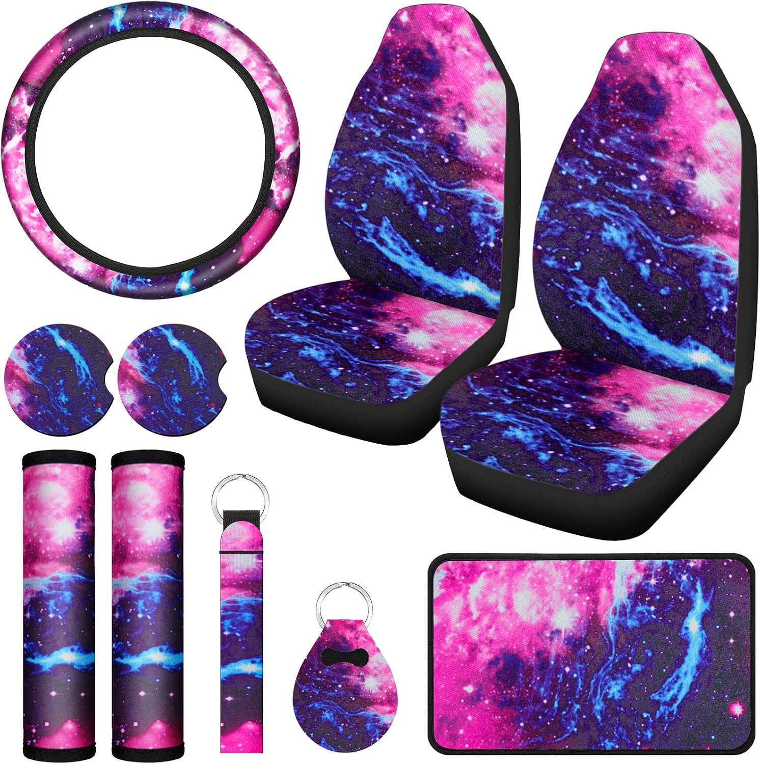 10 Pcs Galaxy Car Seat Covers Set Car Steering Wheel Cover Front Seat Covers Holders Keyring Armrest Pad Seat Belt Pads Wrist Strap Print Car Decor Accessories for Vehicle Car (Milky Way Style)