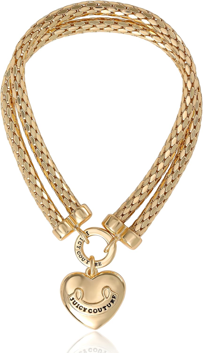 Juicy Couture Stretch Double Mesh Bracelet for Women with Puffy Heart, Gold-Tone Heart Bracelet, Valentines Gifts for Her