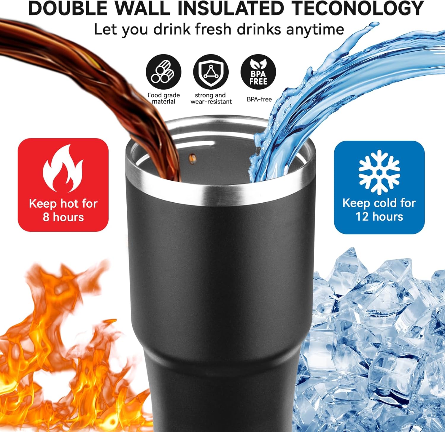 20oz Tumbler with Handle and Flip Straw Lid Double Wall Insulated Travel Coffee Mug Stainless Steel Vacuum Insulated Coffee Tumbler Cup for Hot and Cold Beverages,Leak-proof&BPA-free (20oz,Black) - Image 4