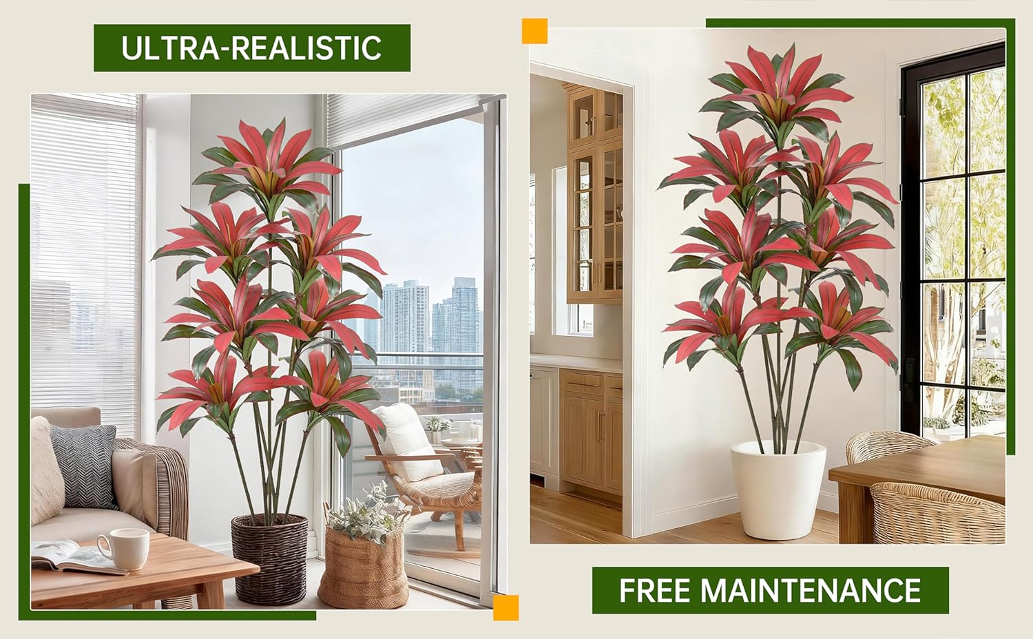 Artificial Red Dracaena Tree 6FT with 105 Leaves & 7 Heads Lifelike Tall Fake Faux Tropical Silk Bicolor 72 Inch Plant Black Pot for Indoor Home Office Store Corner Decor Housewarming Gifts - Image 4