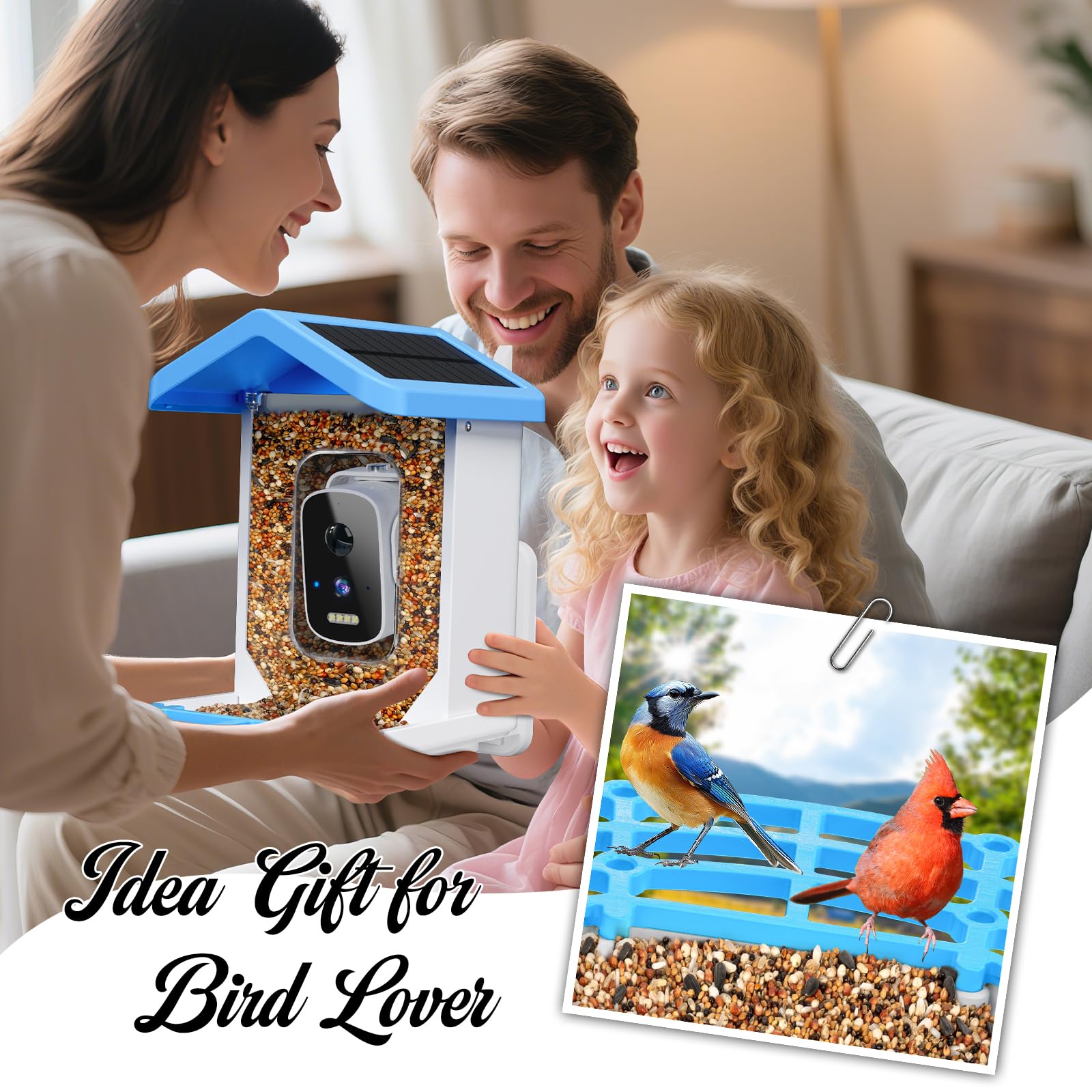 Smart Bird Feeder mit Kamera, AI Vogelarten Identifizierung Solarbetriebenes Panel, 2.5k HD Video Vogelhaus mit Kamera für Außengarten, Ideale Geschenke für Liebhaber, Blau
