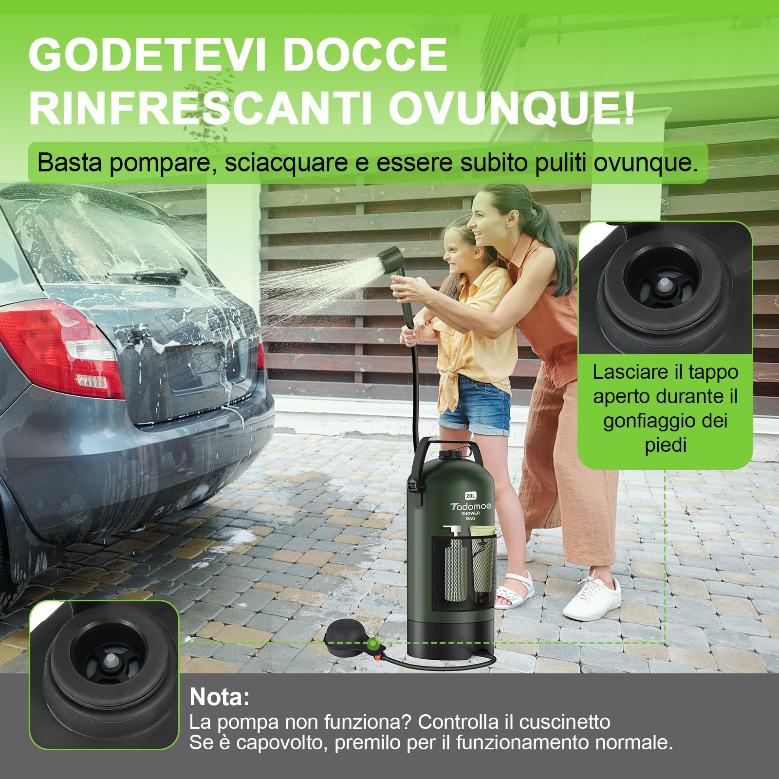 20L Doccia da Campeggio con Pompa ad Aria a Pedale, Doccia Portatile Solare Borsa con Pratico Ugello per Campeggio, Escursionismo e Spiaggia