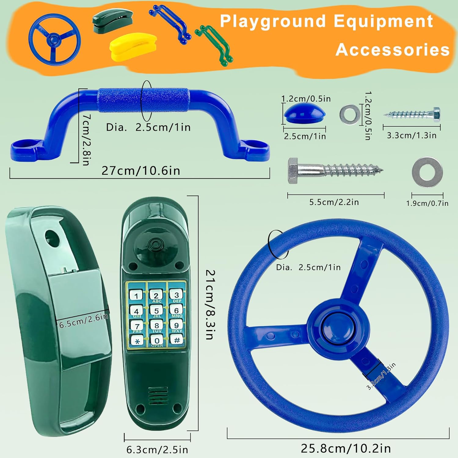 KINSPORY 17 Pack Playground Parts & Accessories for Kids - 10pc Colourful Rock Climbing Holds, 4pc Climbing Handles & Grips, 2pc Play Phones and Steering Wheel for Children Wooden Playset