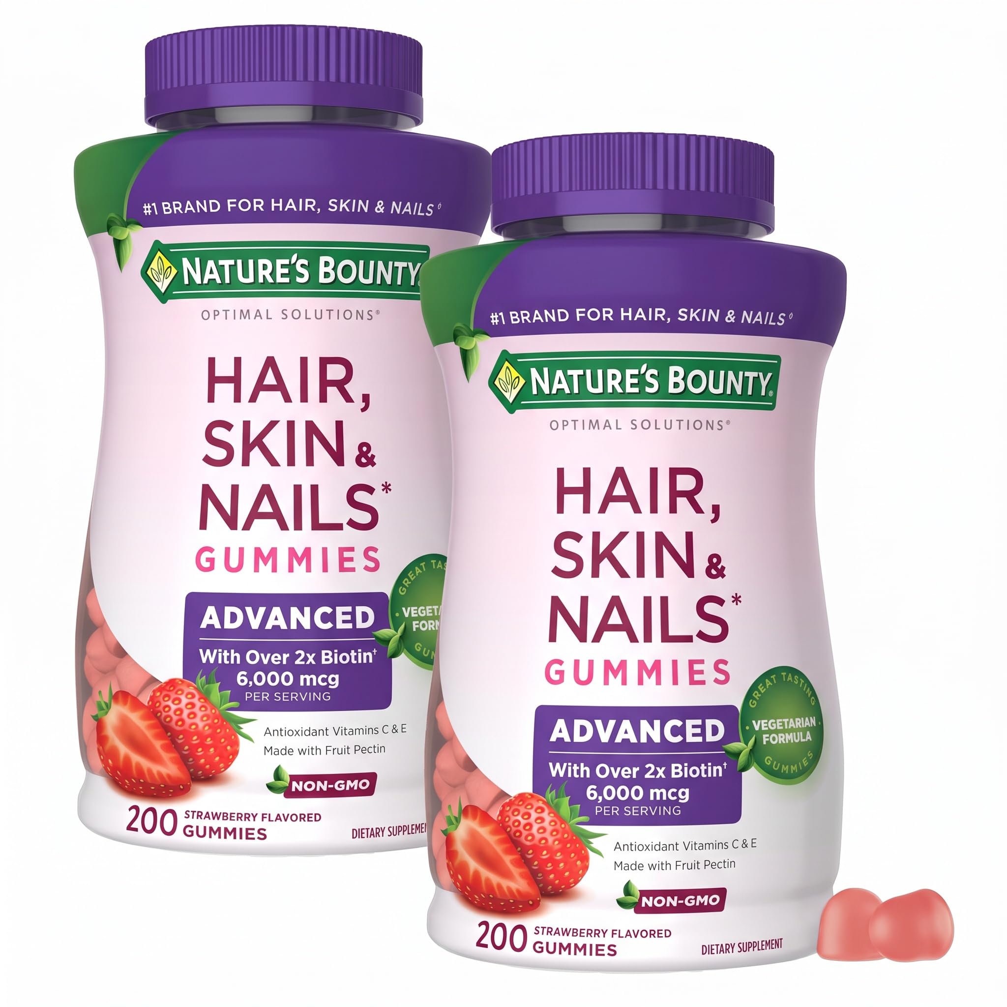 Nature's Bounty Optimal Solutions Advanced Hair, Skin and Nails Pectin Gummies, 2X Biotin Per Serving, No Stick Gummy, Vegetarian Formula, Strawberry Flavor, 20
