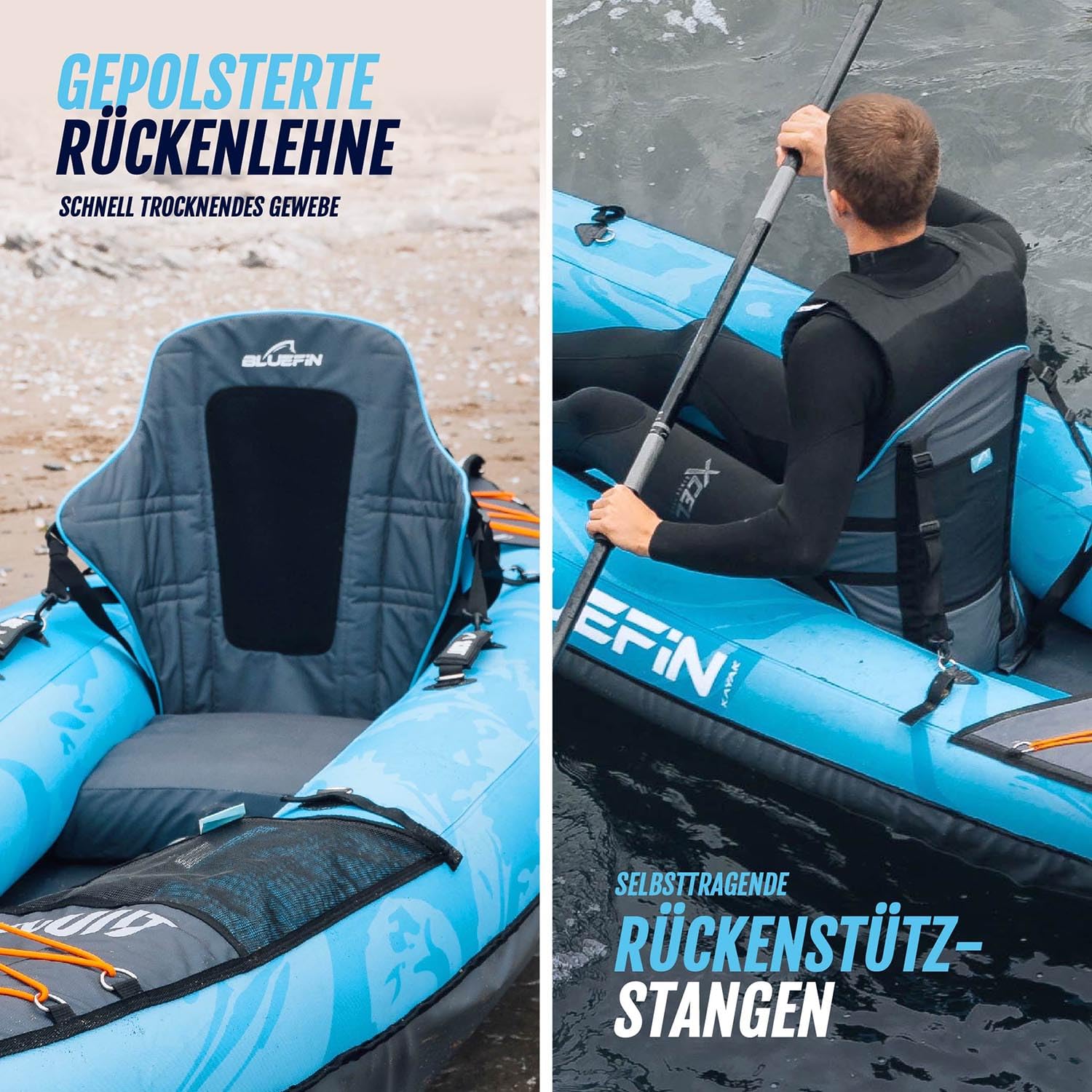 Bluefin SUP & Kajak-Sitz | Aufblasbares Sitzpolster, Netz-Tasche | Verstellbare Riemen, rostfreie Clips | Verstärkte Stützstangen | Leichter Quick-Dry-Sitz | Grau
