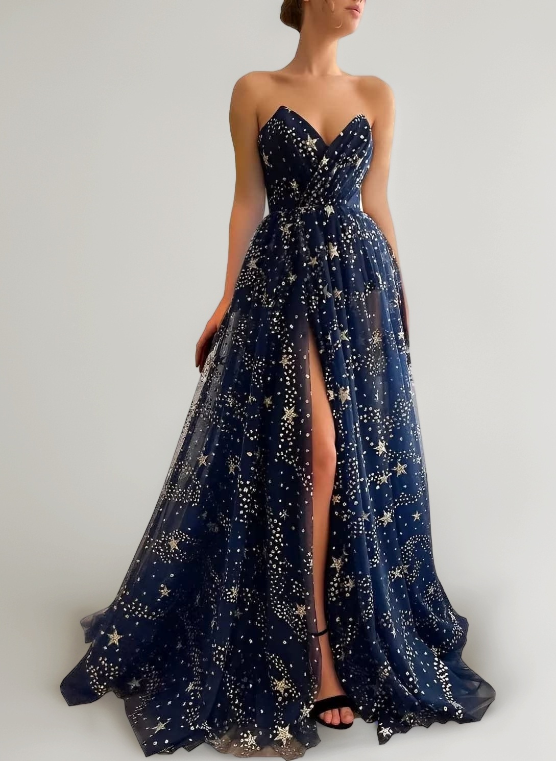 BITYIO Sparkle Starry Tulle Prom Dresses Long Strapless V-Neck Evening Gowns with Slit A-Line Formal Party Dress for Women