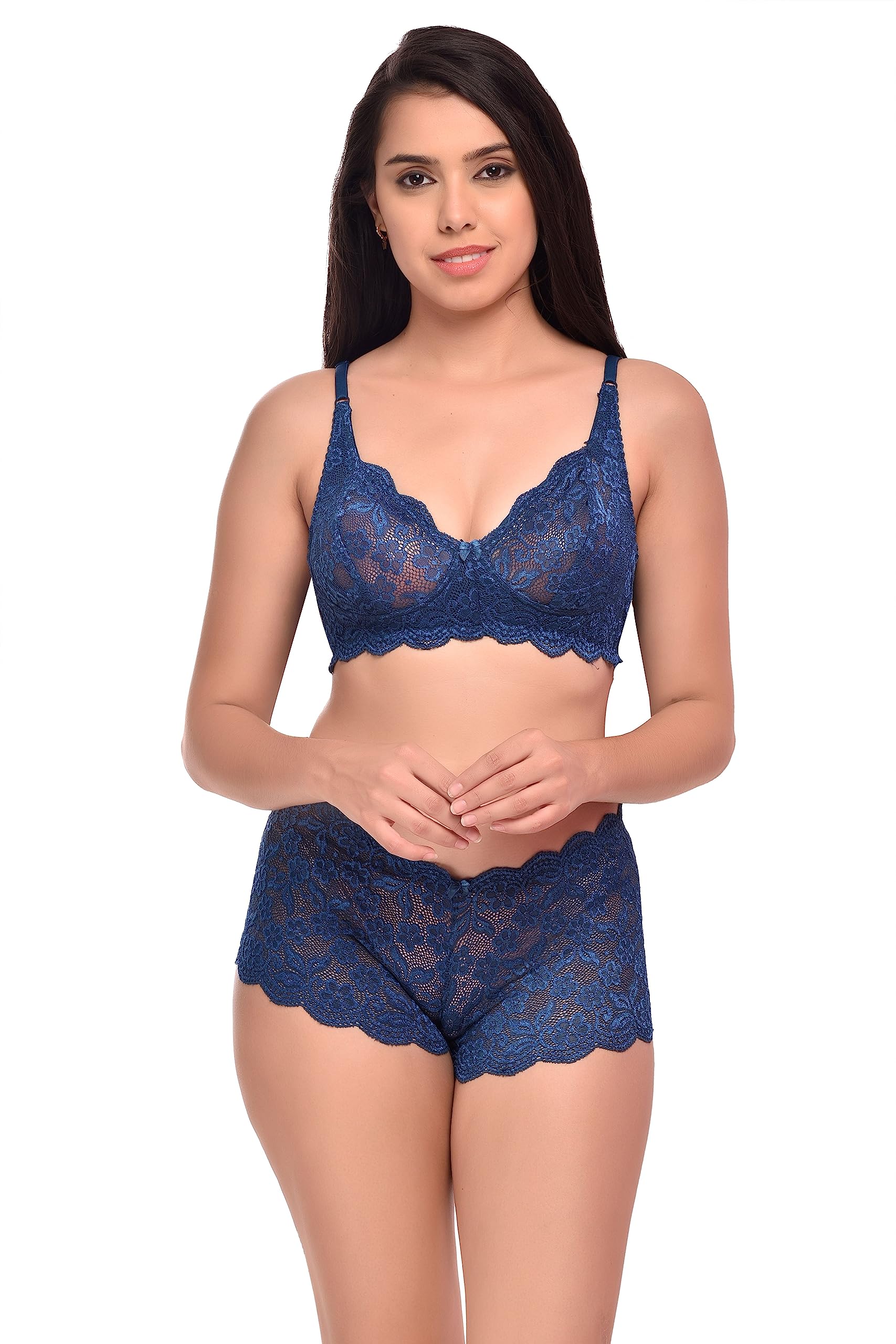 sgc sweden Lace Stretchable Bra Panty Set for Women | Non-Padded | Non-Wired | Seamed | Floral Print Full Coverage | Lingerie Set for Women & Girls (Set of 1) (38, Blue), Hipster-picture-23