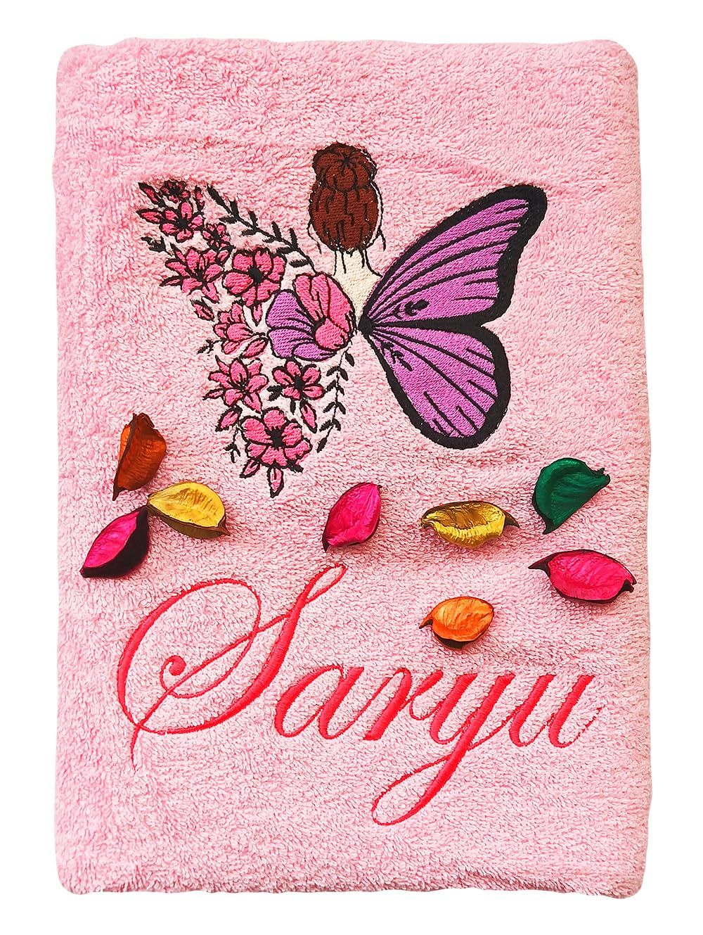 TurtleLittle, 100% Cotton, Vanity Butterfly Lady Personalised Adult White Bath Towel for Women, 600 GSM (Set of 1, Pink)-image-44