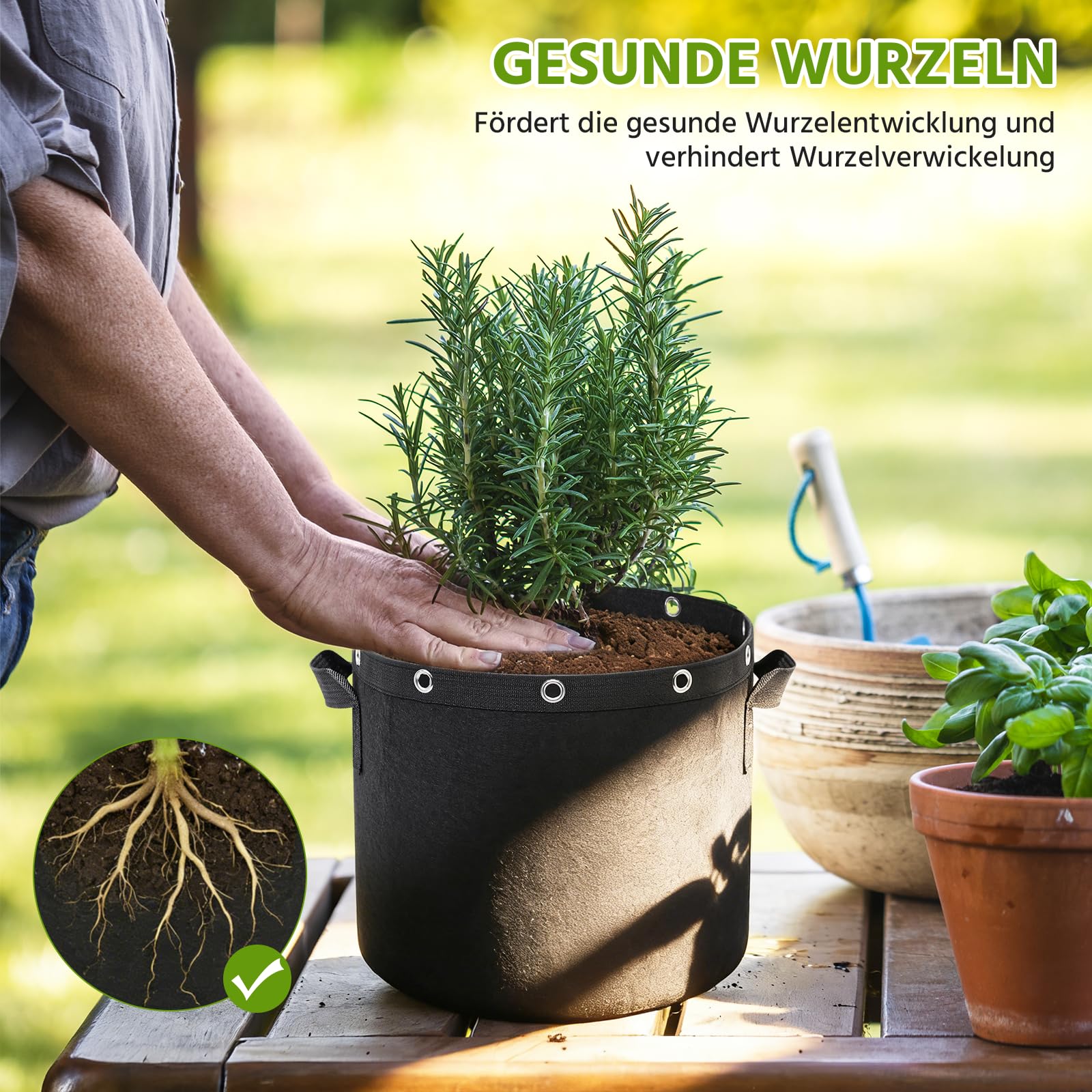 Newthinking Pflanzsack 11L, 6 Stück mit Griffen – Robuster Stofftopf für Tomaten, Kartoffeln, Erdbeeren, Blumen und Garten
