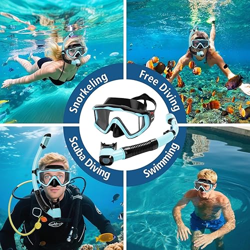 Miniatura 8 de Equipo de esnórquel para adultos, juego de máscara de esnórquel panorámica de 180 antivaho con tubo de esnórquel superior seco, equipo de buceo de