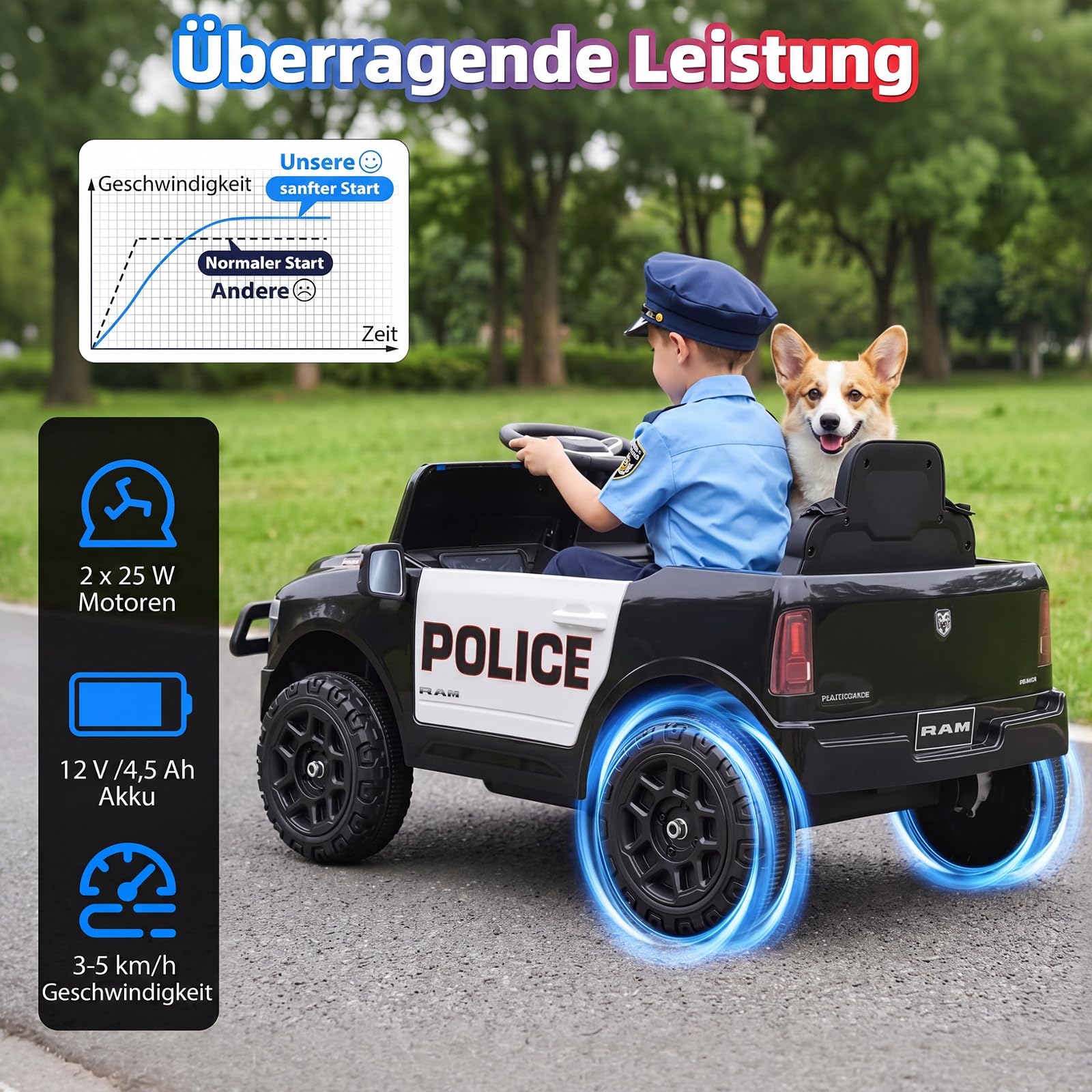 COSTWAY 12 V Kinder Elektroauto, Polizei Kinderauto mit Fernbedienung | Kinderfahrzeug mit Sirene, Blaulicht, Hupe & Sicherheitsgurt, Elektrofahrzeug für Kinder ab 3 Jahren, für drinnen & draußen