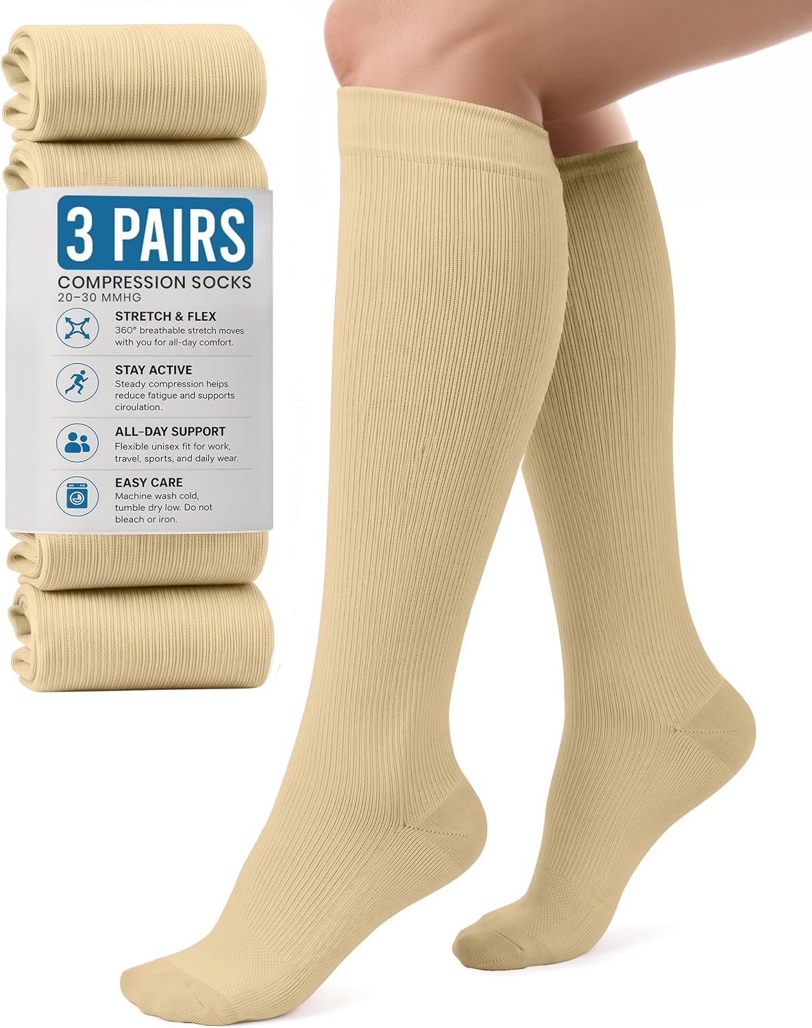 3 Pairs Breathable 360° Stretch Compression Socks for Women Men 20-30 mmHg