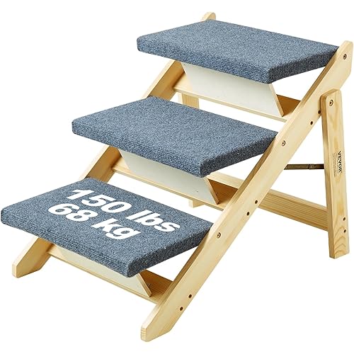 VEVOR Wood Pet Stairs/Pet Steps, 2-in-1 Foldable Wooden Dog Stair for Beds, Sofa and Cars, Dog Stairs & Ramp with 3 Steps for Small Medium Large Pet, up to 150 lbs