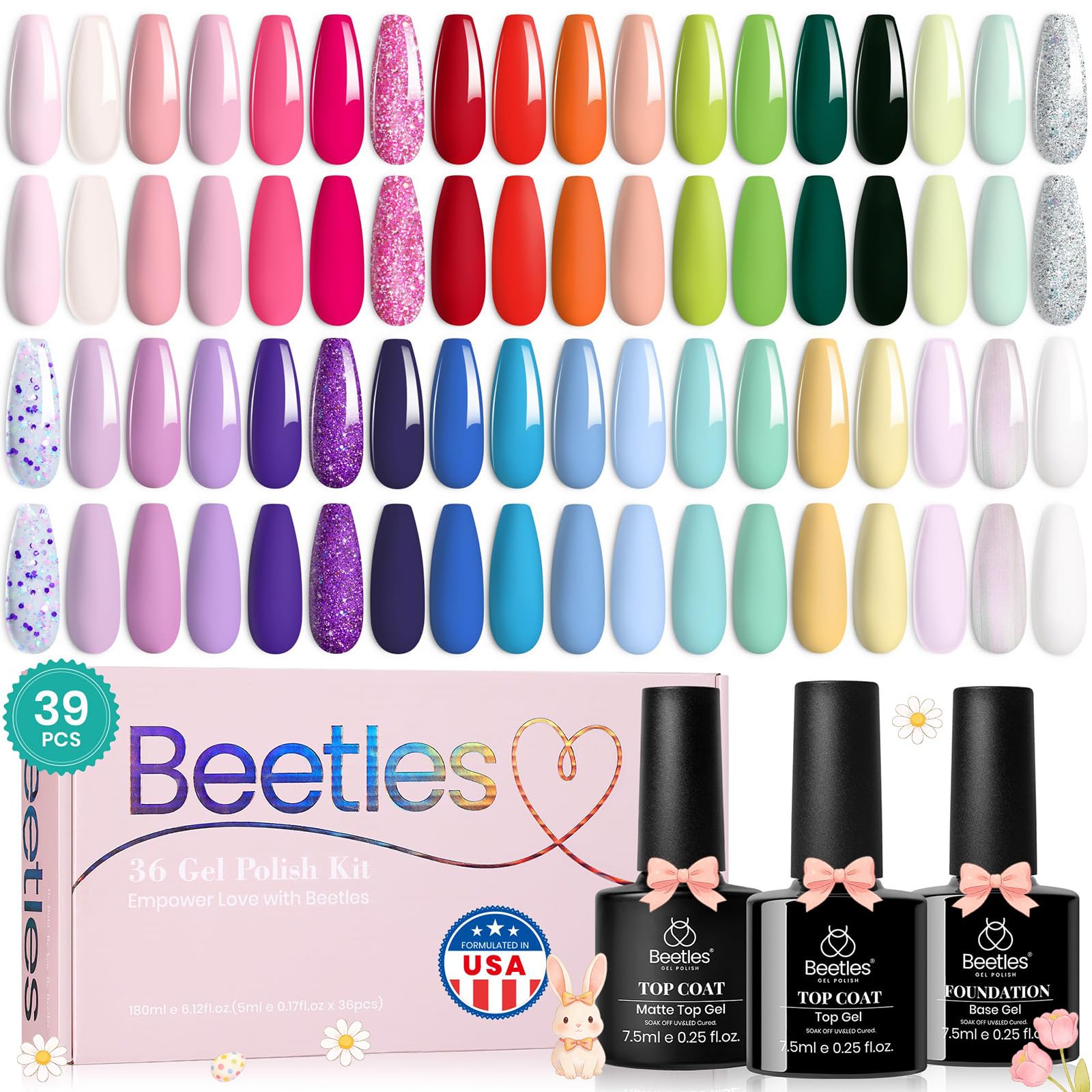 beetles Spring Gel Nail Polish Set - 36 Colors Pink White Nude Yellow Red Glitter Gel Polish with Base Matte&Glossy Top Soak off Uv Led Salon DIY Home Floral Rhapsody Easter Gifts for Women