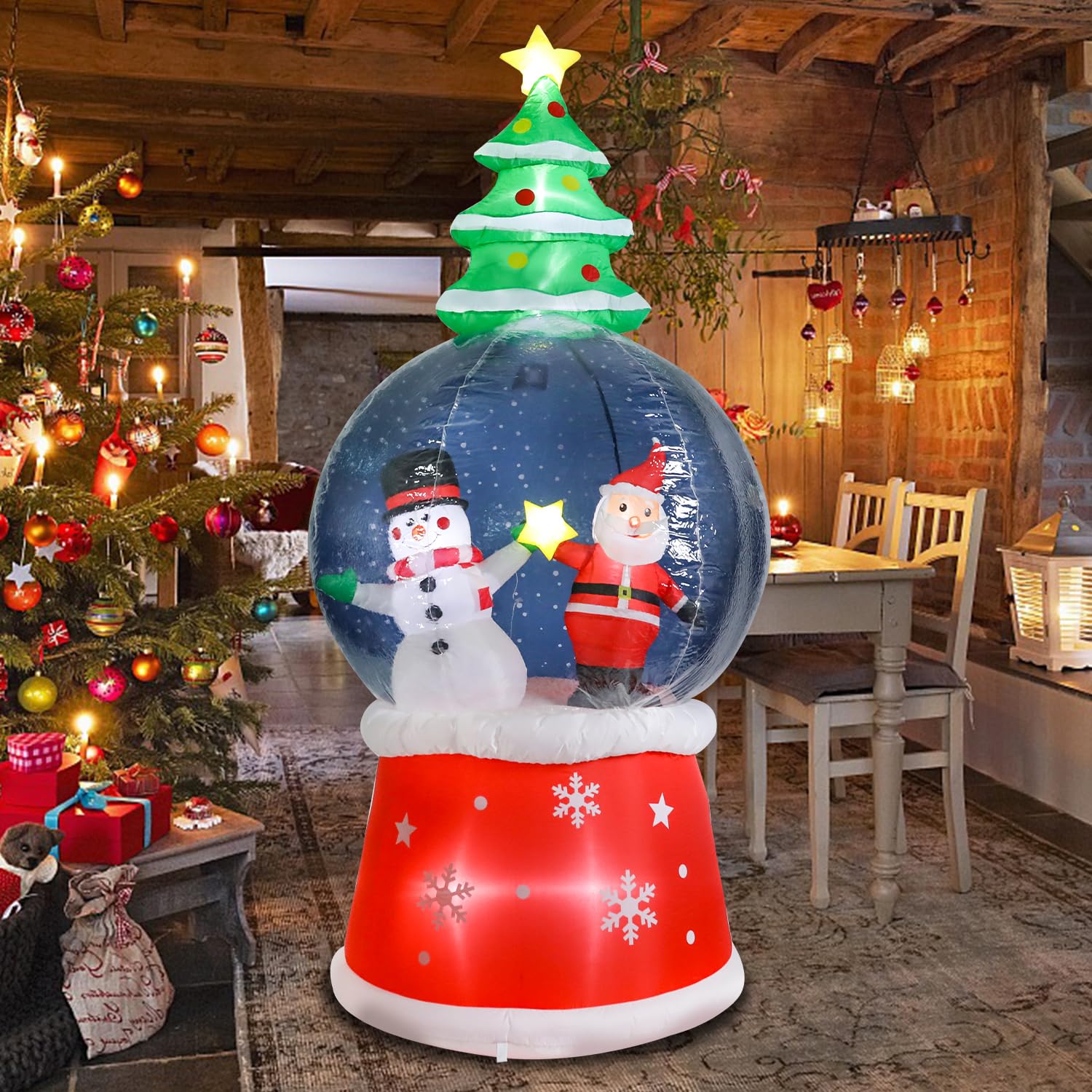 Globo de nieve inflable con LED integrados de Papá Noel y muñeco de nieve