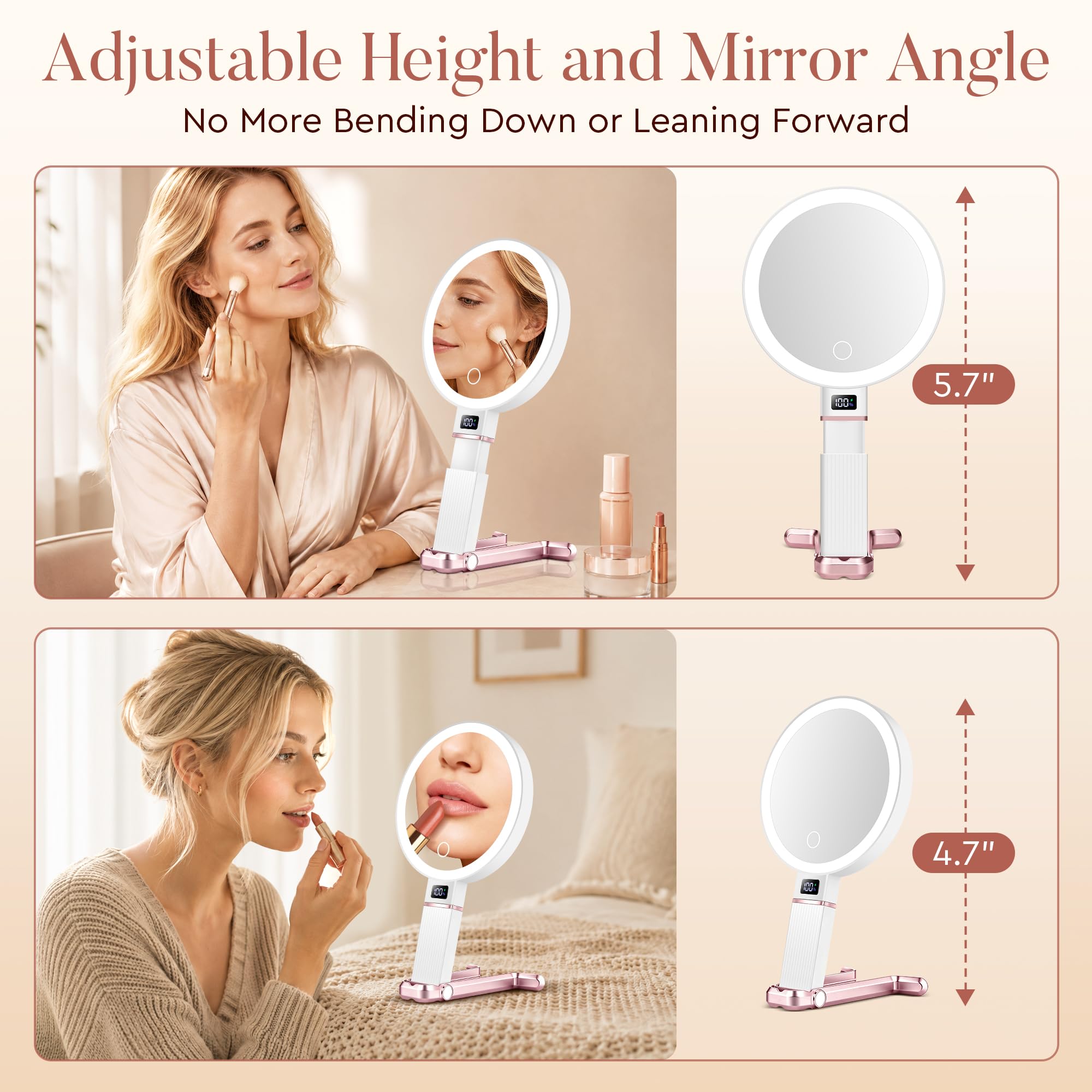 MIYADIVA Specchio da trucco da viaggio con luci, regolabile in altezza 30X/1X, specchio ingranditore a doppia faccia, specchio portatile con display digitale e supporto per telefono, da appendere al
