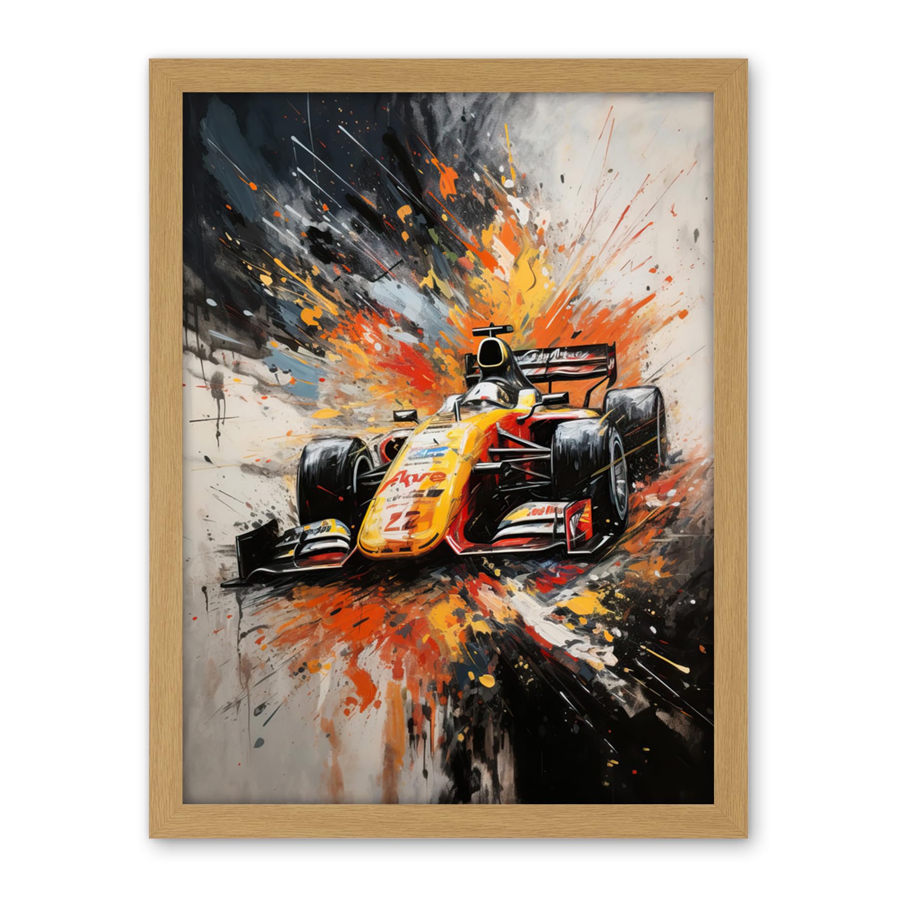 Artery8 Yellow Race Car Racing Scene Modern Spatter Art Artwork Framed Wall Art Print 18X24 Inch