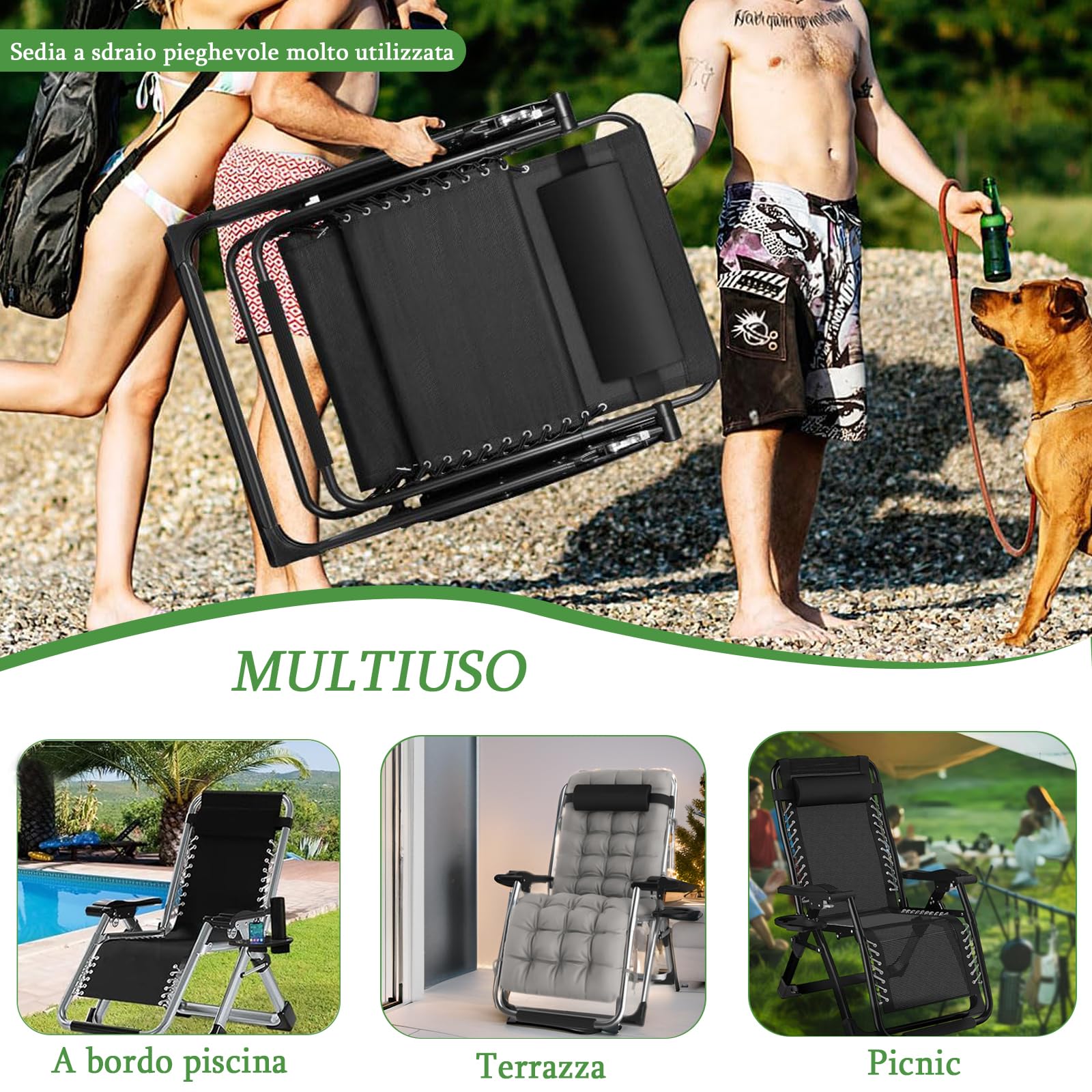 Sedia a Sdraio Pieghevole Largo 72 cm Sdraio da Giardino Esterno con Stuoia e Copertura Sedie, Nero Sdraio da Campeggio con Schienale Regolabile per Spiaggia,Giardino,Piscina, Viaggi