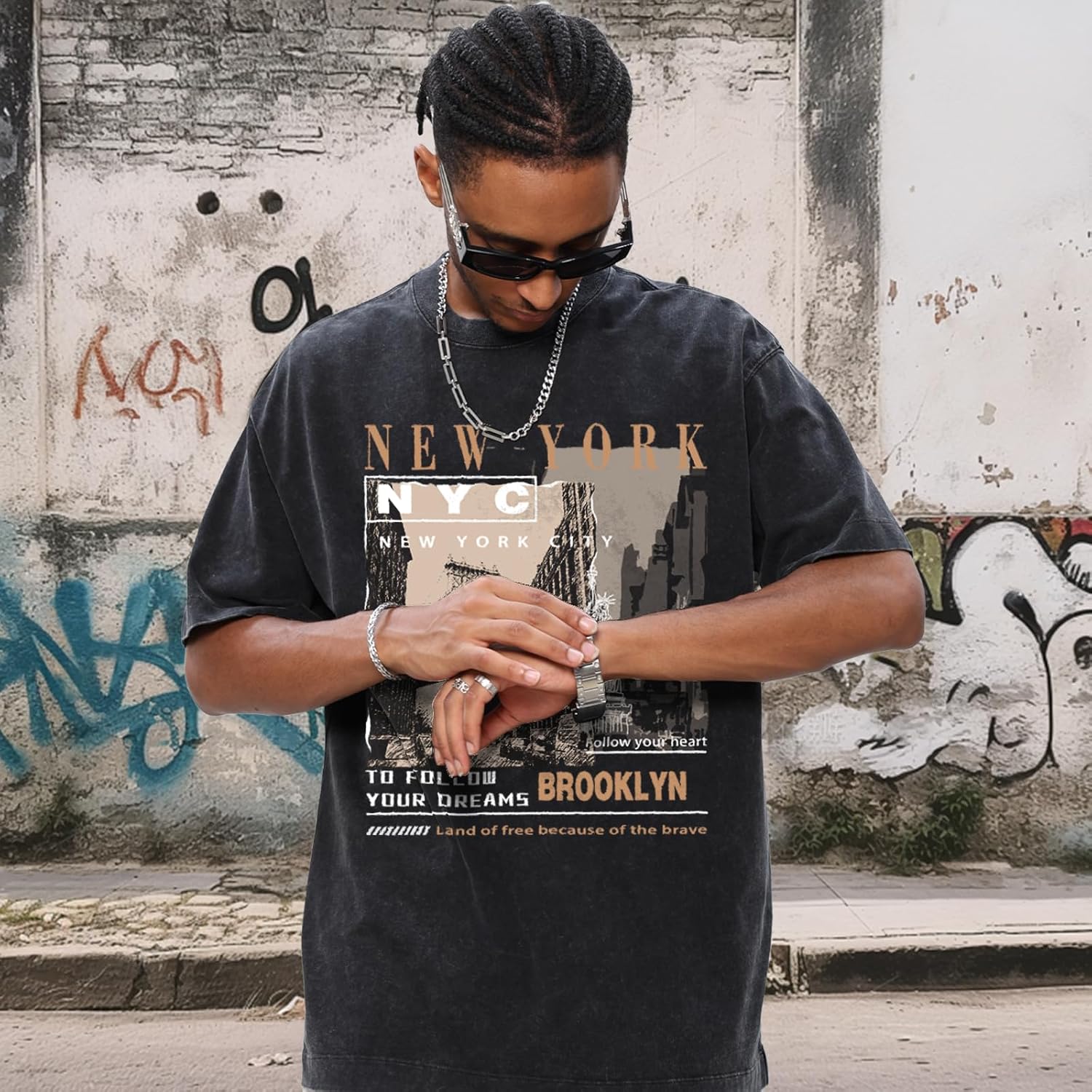 Oversized Graphic T-Shirt for Men New York Los Angeles Vintage Acid Wash Cotton Tees Streetwear Casual Tee Top - Image 3