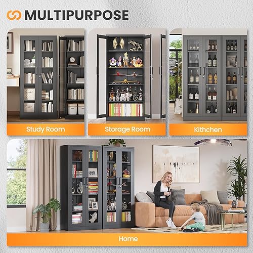 Miniatura 17 de Vitrina con cerradura con puerta de cristal, gabinetes Curio de metal de 71 pulgadas de alto con estantes ajustables, vitrina de licor blanco para