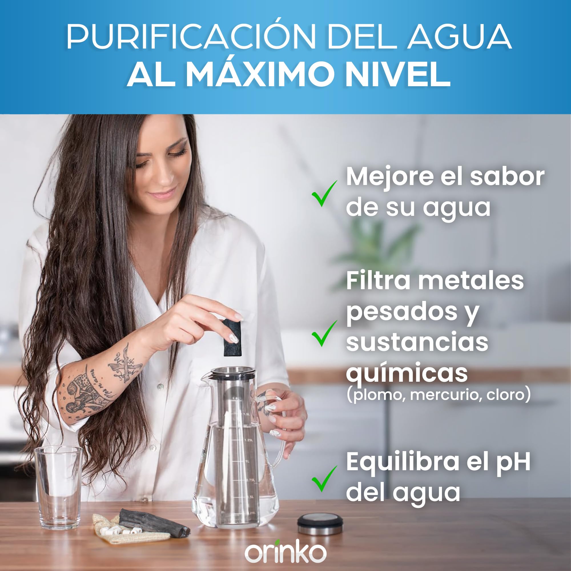 ORINKO® Jarra Cristal con Infusionador 1,6L con Carbón Activado Binchotan y Perlas de Cerámica EM x15 - Filtro Natural para Purificación de Agua - Ideal para Nevera, Café y Bebidas Saludables