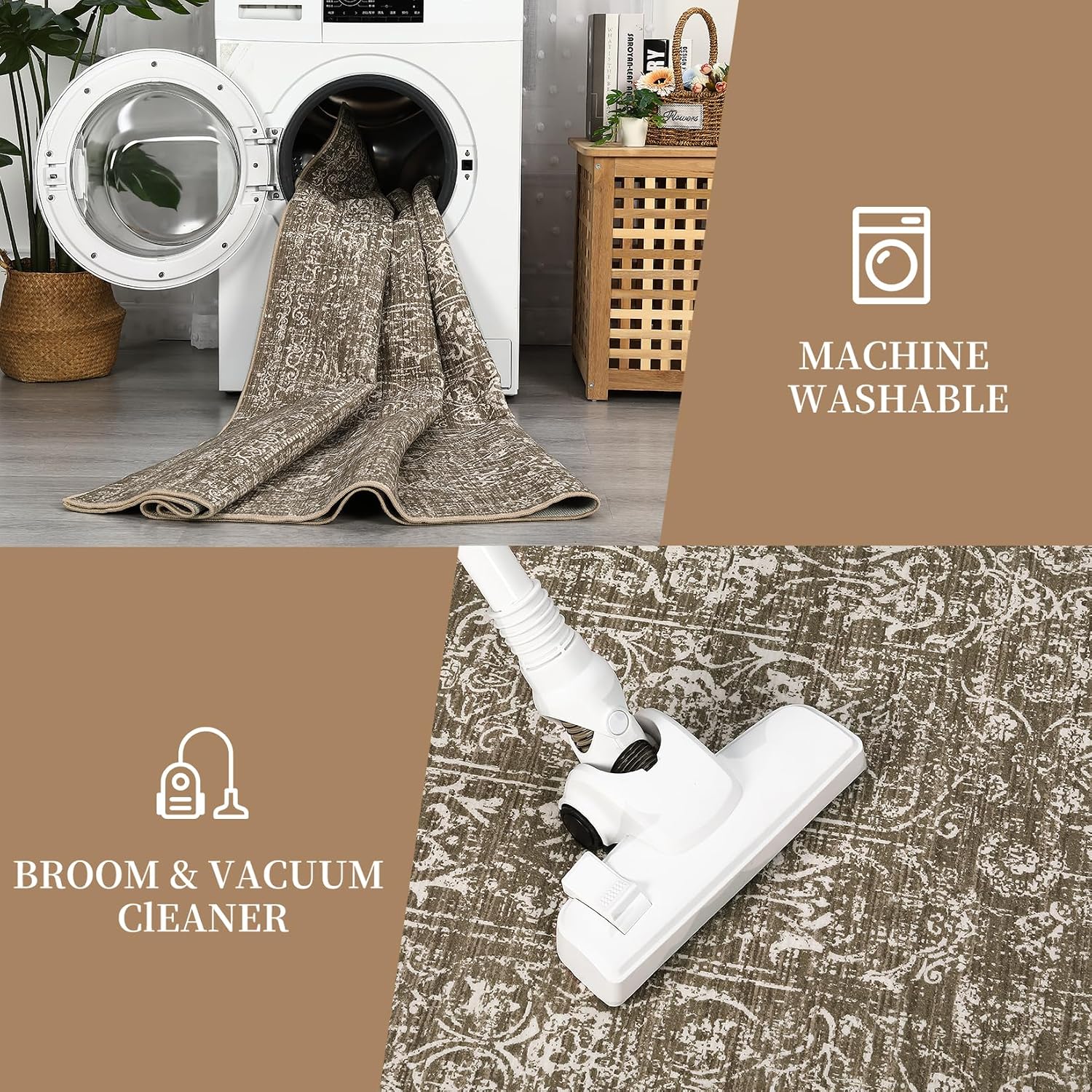 COZYLOOM Large Area Rug 10x13 Rug for Living Room Washable Rug Vintage Non Slip Throw Rugs Floral Bedroom Rugs Low Pile Stain Resistant Carpet for Dining Room Nursery Classroom 10'x13' Brown