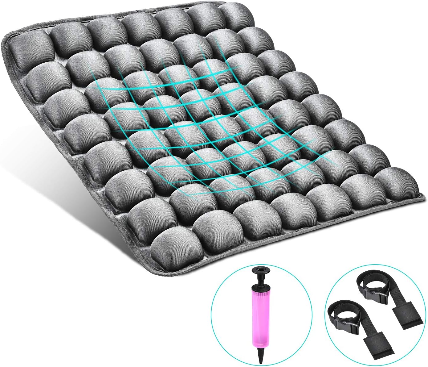 UUQ Seat Cushion, Air Inflatable Back Cushion for Lumbar Support Design to Relieve Sciatica and Coccyx Pain, 18''x 16''Orthopedic Office Chair Pad for Car, Van, Wheelchair with 1 Pump and 2 Webbings