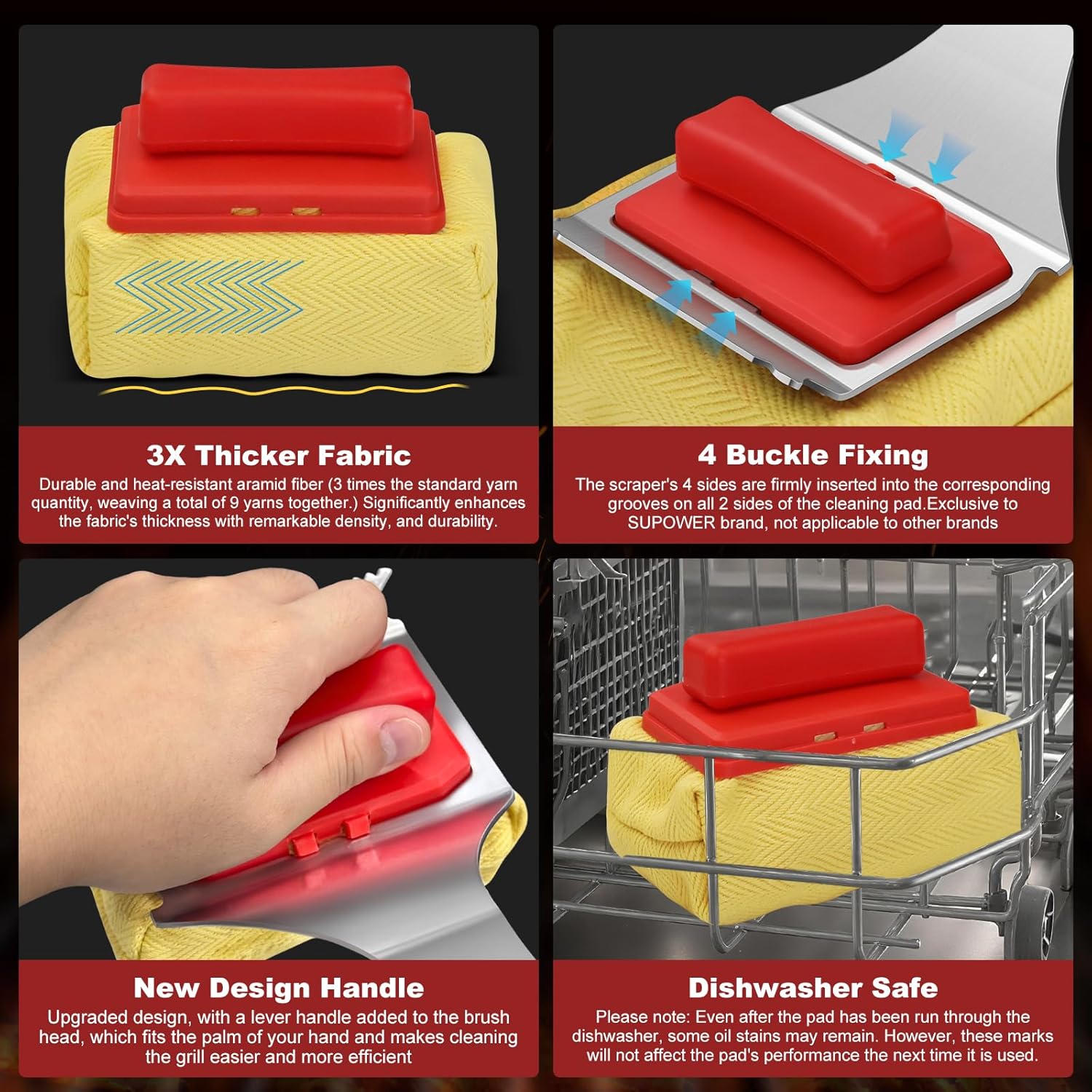 Steam Safe Grill Cleaning Brush Bristle Free for Outdoor Grill with 15" Extended Handle, 3X Thick Aramid Fabric Replaceable Brush Heads, Heavy Duty Triple-Groove Scraper Design for All Grates, Red