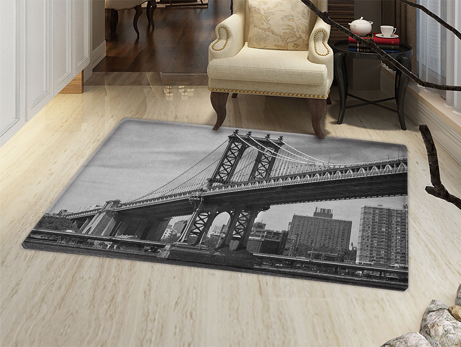 smallbeefly New York Bath Mat non slip Bridge of NYC Vintage East Hudson River Image USA Travel Top Place City Photo Art Print Customize door mats for home Mat Grey