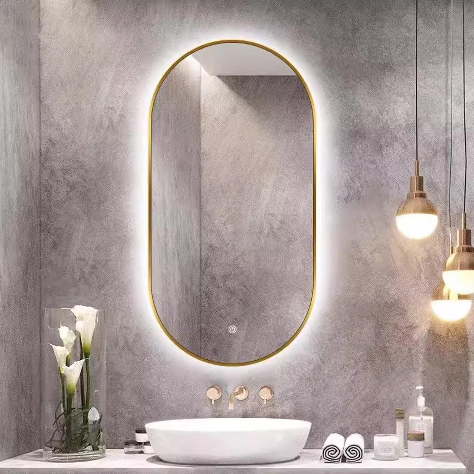 BKSXSOP LED Oval Bathroom Mirror, Wall-Mounted Illuminated Mirror with Touch Switch, Dimmable 3 Colors, Decorative Backlit (Gold, 40x80cm)
