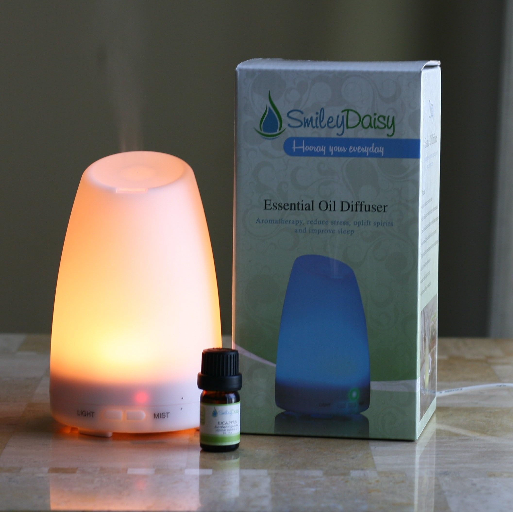 Smiley Daisy Aromatherapy Diffuser Bundle with 5 ML 100% Eucalyptus Essentila Oil