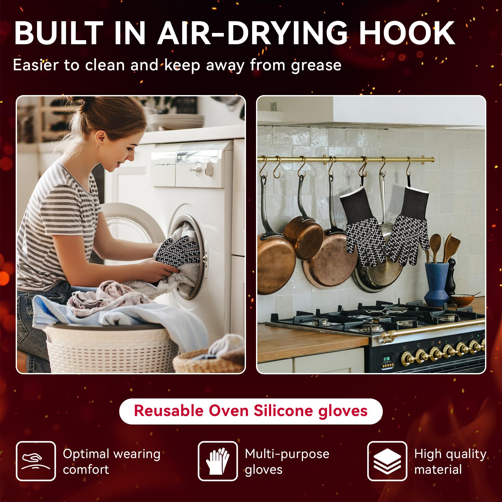 HandLove Guantes para barbacoa, resistentes al calor, guantes de horno para expertos culinarios, protección extrema ignífuga, agarre de silicona, guantes de puño largo, cocina y barbacoa al aire