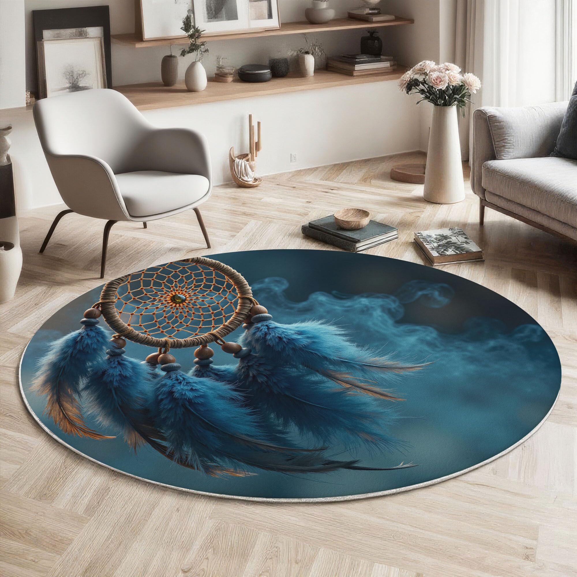 Runder Teppich Traumhaft Luxuriös mit Rauch-Traumfänger, Waschbar Rutschfester Weicher Kurzflor 100cm (Round), Rundteppich für Wohnzimmer Schlafzimmer Esszimmer Dunstblau