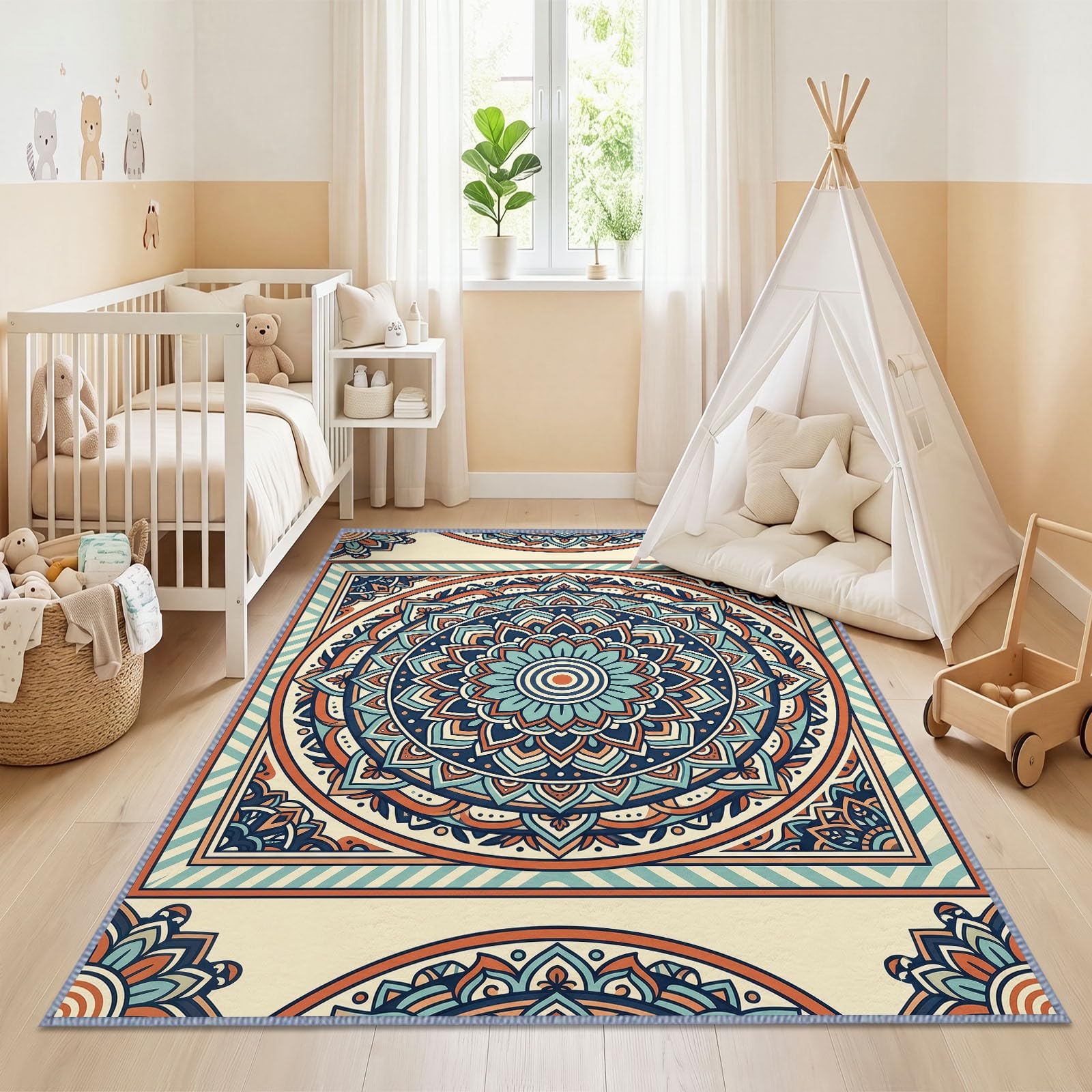 Modny dywan w stylu boho do salonu, 120 x 170 cm, mandala, okrągła rama, dywany do sypialni, miękkie krótkie runo, antypoślizgowy, klasyczny dywan do jadalni, biura, kuchni, pokoju dziecięcego