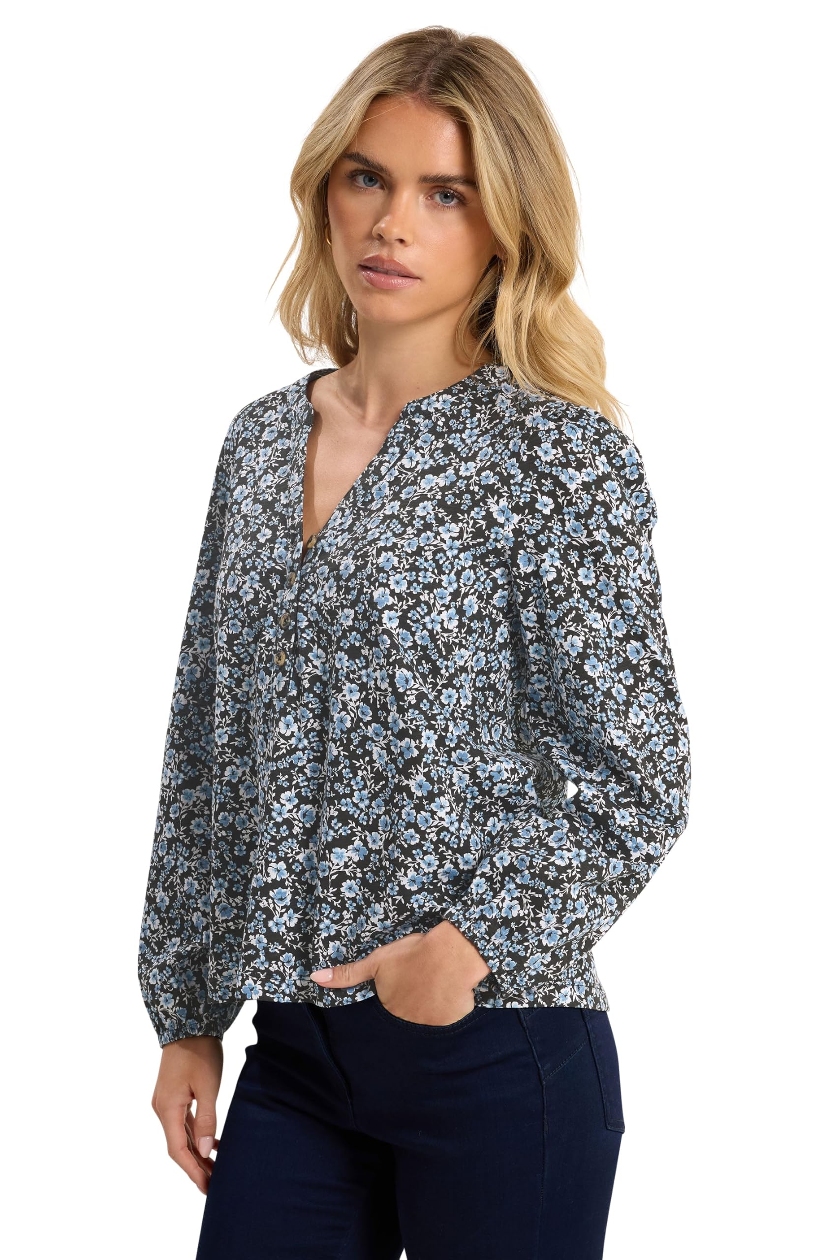 M&Co Women's Blue Petite Floral Cotton Long Sleeve Top