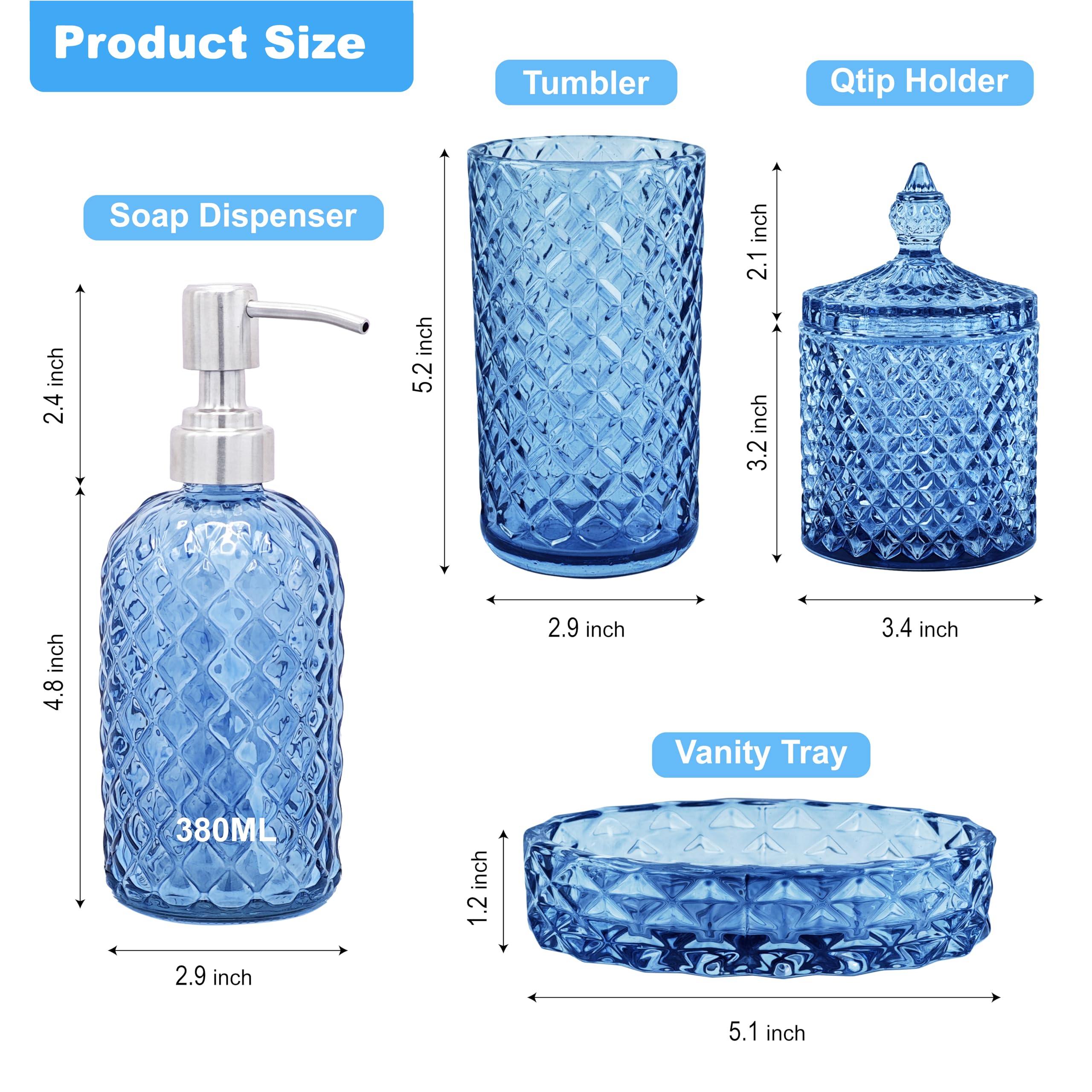 LaMarriti Blaues Badezimmer-Zubehör-Set, 4-teilig, klares Glas, Badezimmer-Zubehör-Set, Lotion-Seifenspender, Zahnbürstenhalter-Set, Seifenschale, Qtip-Halter für Moderne Baddekoration, Hellblau | Lotion Seifenspender, Zahnbürstenhalter Set, Seifenschale,