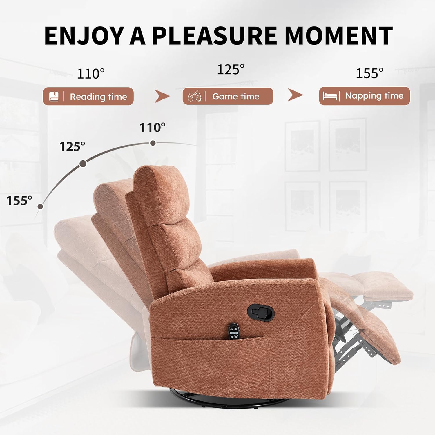 KEIKI 4-in-1 Manual Swivel Rocker Recliner Chair for Home Living Room, Chenille Chair with Back Massager & Heat, Home Theater Seating with Lumbar Support, Comfortable Portable Chair for Adult, Orange