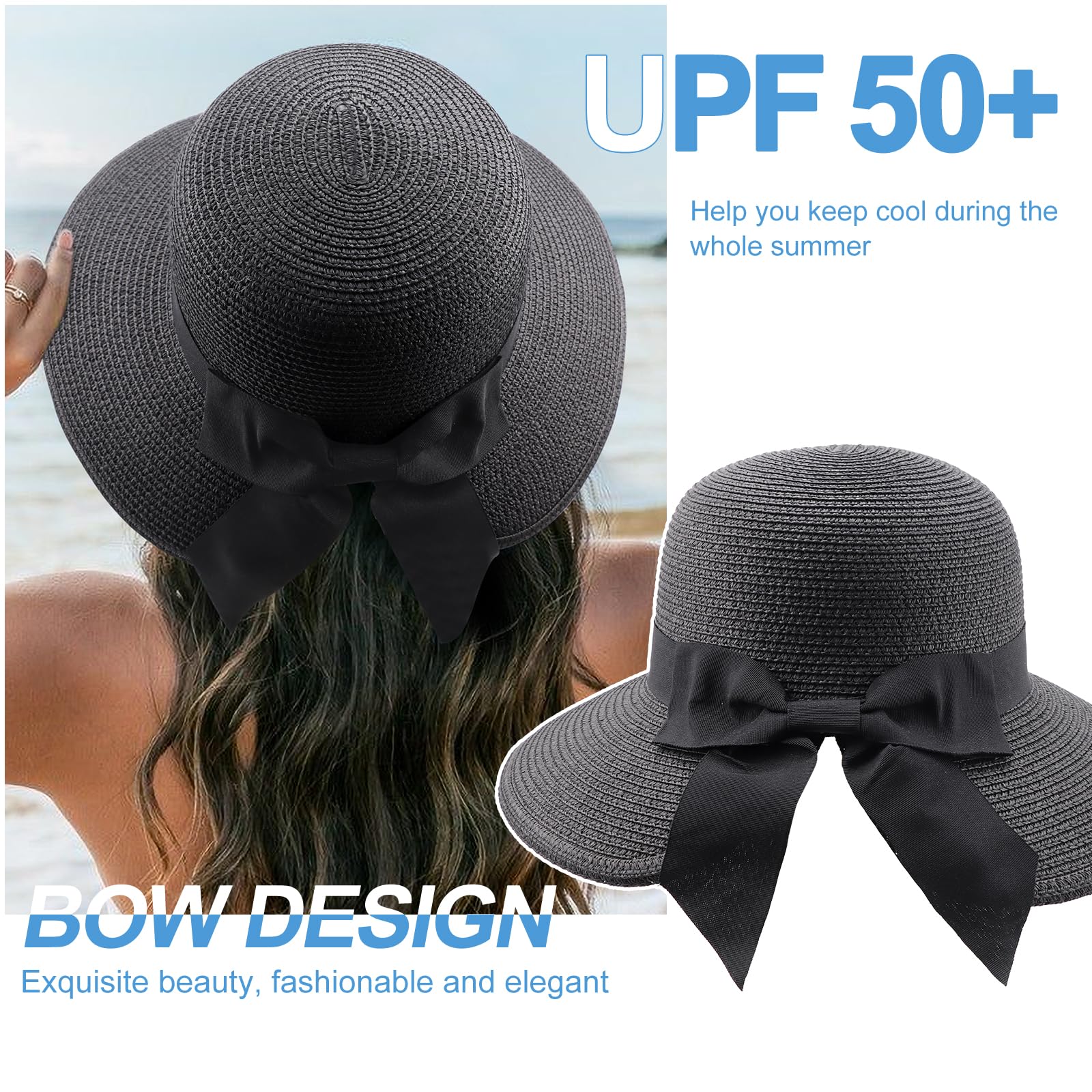 DRESHOW Sombreros de Sol Para Mujeres Sombrero de Sol de Playa Plegable Sombrero de Paja de Ala Ancha con Nudo UPF 50+