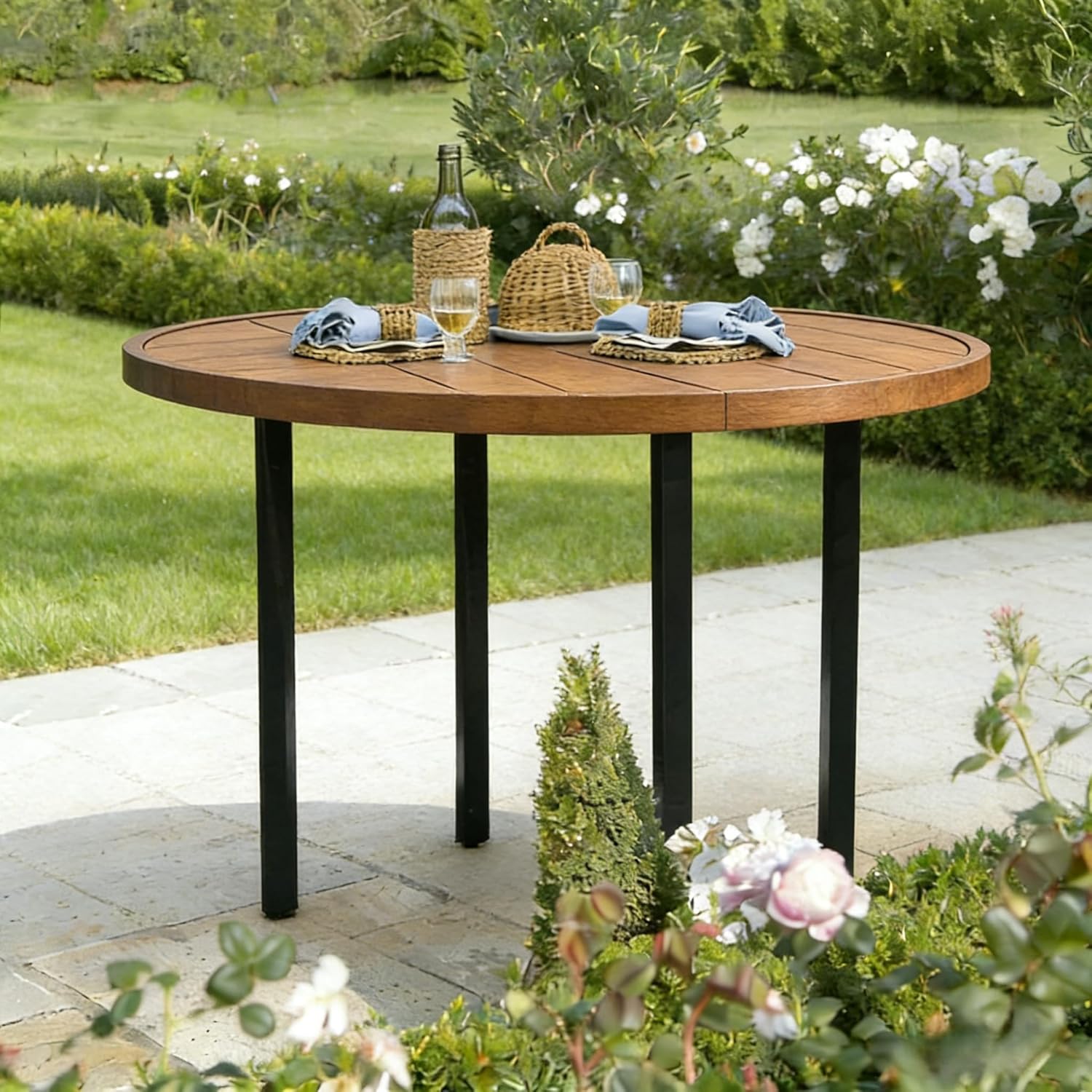 42" Round Outdoor Dining Table for 4, Metal Patio Dining Table with Umbrella Hole for Garden, Backyard and Deck, Walnut