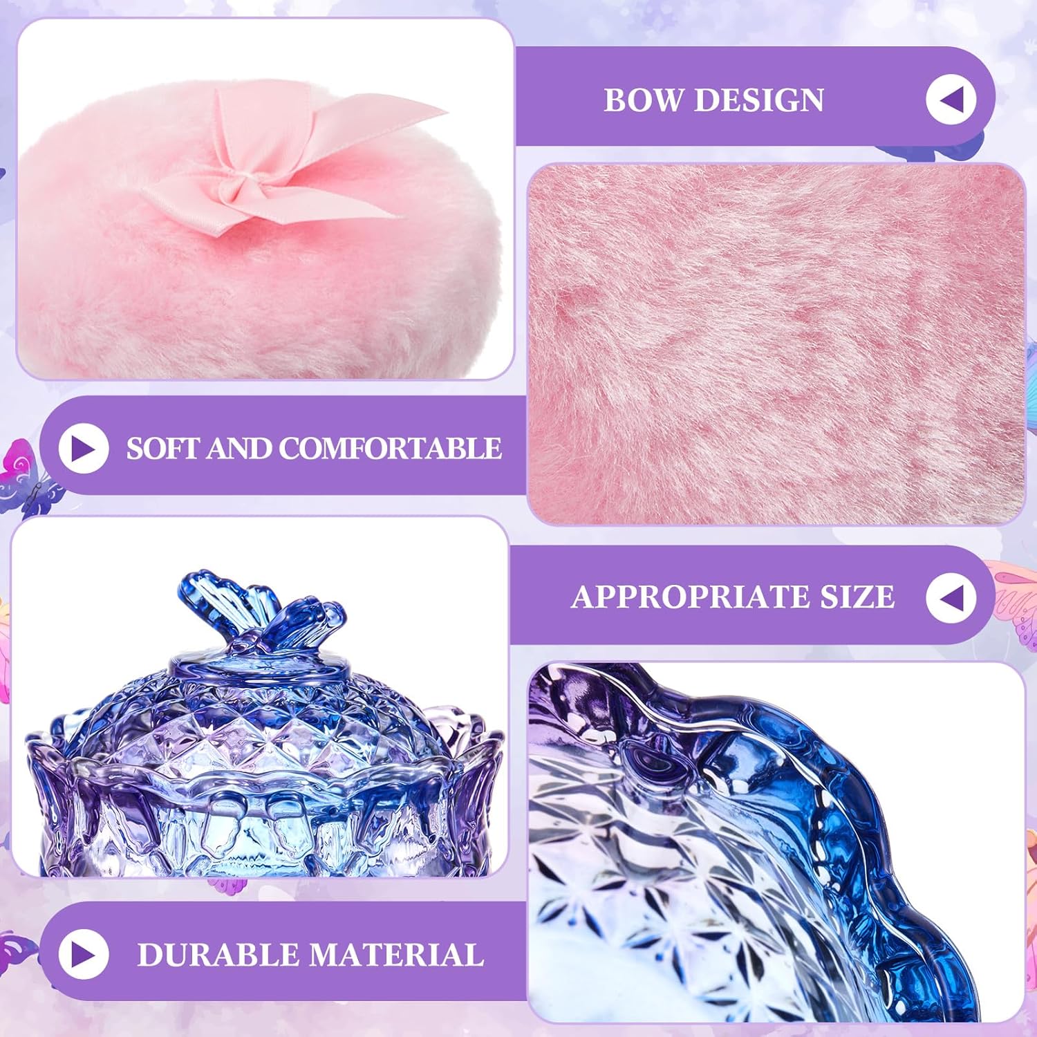 Tioncy 4 Pcs Large Body Powder Puff and Container Extra Large Body Powder Puff Dish Soft Washable Reusable Fluffy Makeup Sponge Wet Dry(Butterfly,Purple and Blue) - Image 4