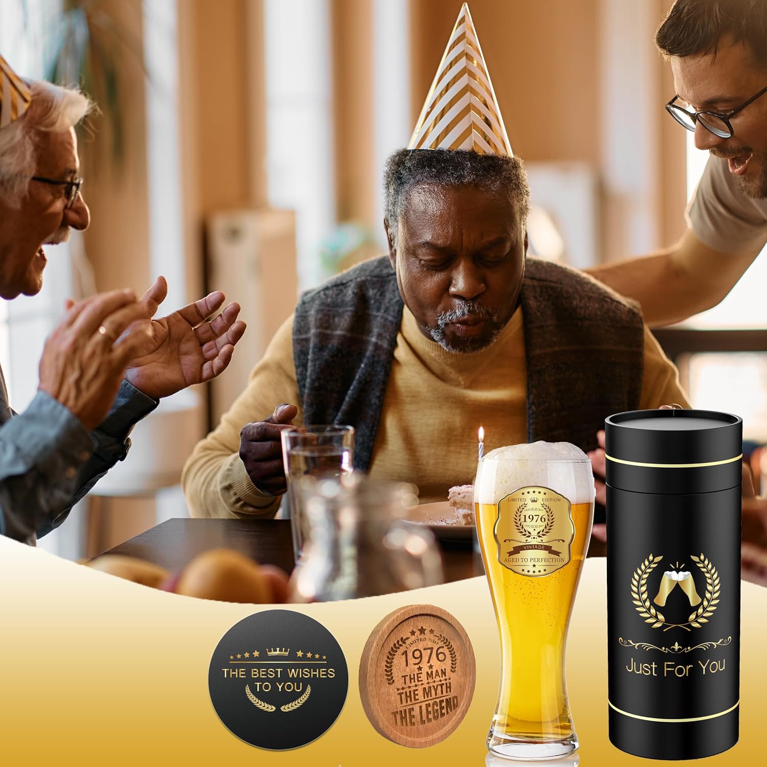 50th Birthday Beer Glasses Gifts, Personalized '1976' Vintage Glass Ware Set for Men, Black Gift Package with Drinking Glass, Coaster, and Card for 50 Years Old Man - Image 7